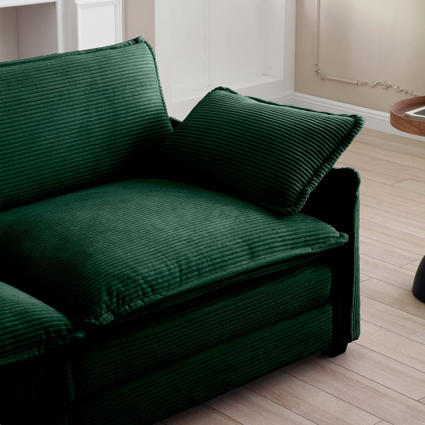 Oversized modular cushioned sofa with conversible ottoman, 3-seater sofa with 2 footstools, U shape sofa inGreen corduroy fabric