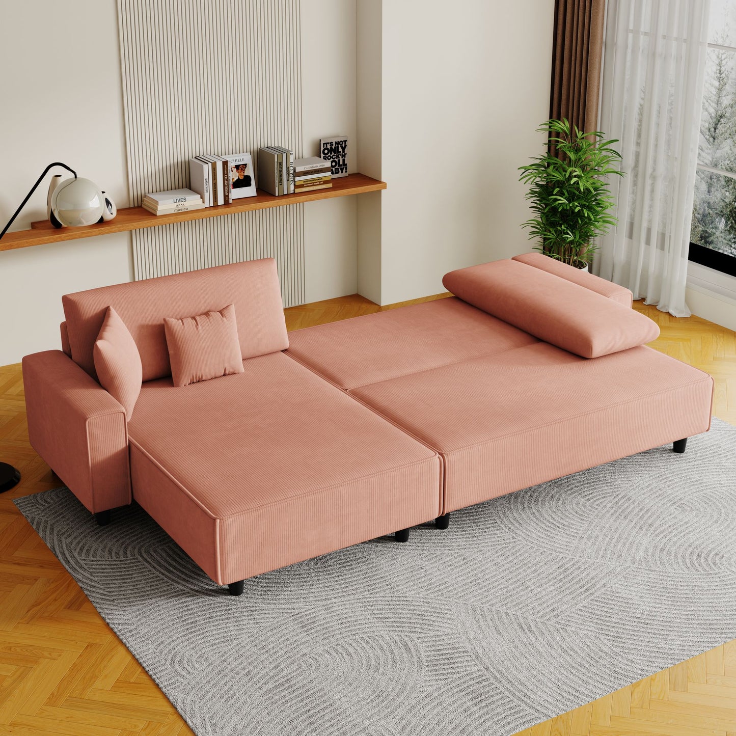 Spacious 93-Inch Orange Corduroy Sofa Bed with Two Pillows - Ideal for Living Room or Apartment, Ensuring a Roomy & Uncluttered Space