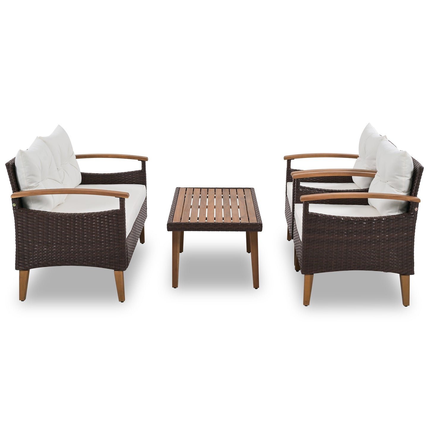 4-Piece Garden Furniture; Patio Seating Set; PE Rattan Outdoor Sofa Set; Wood Table and Legs; Brown and Beige