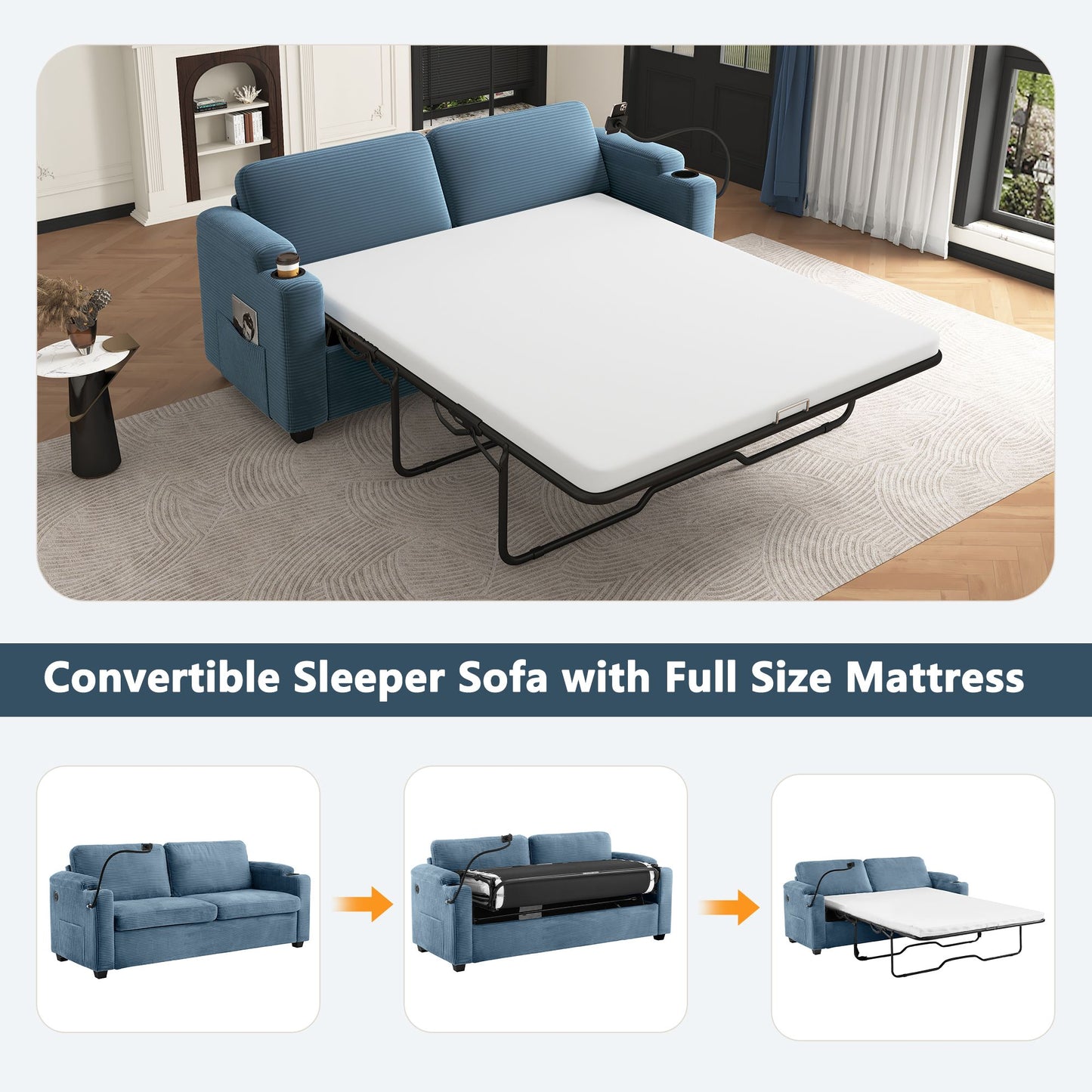 72.8" Corduroy Sleeper Sofa Loveseat Sofa with Full Size Mattress, Two USB Ports, Two Cup Holders, Two Side Pockets and a Phone Holder for Living Room, Navy Blue
