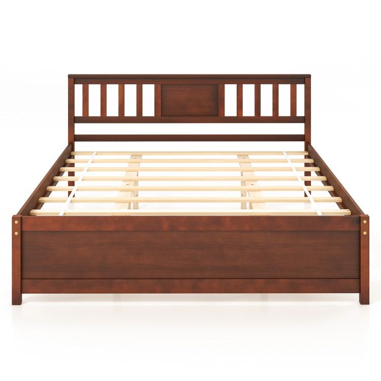 Wooden Platform Bed with Headboard and Wood Slat Support