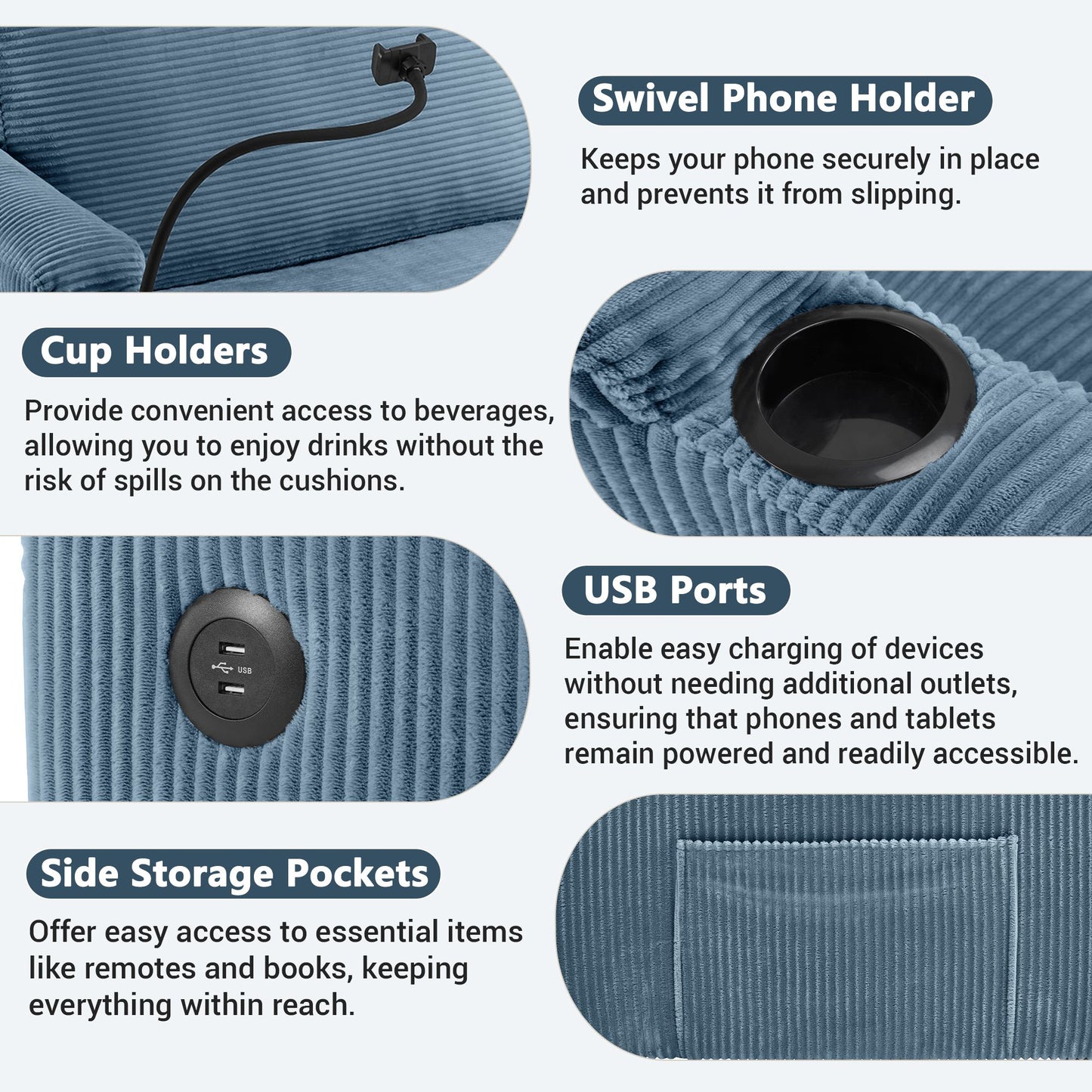 72.8" Corduroy Sleeper Sofa Loveseat Sofa with Full Size Mattress, Two USB Ports, Two Cup Holders, Two Side Pockets and a Phone Holder for Living Room, Navy Blue