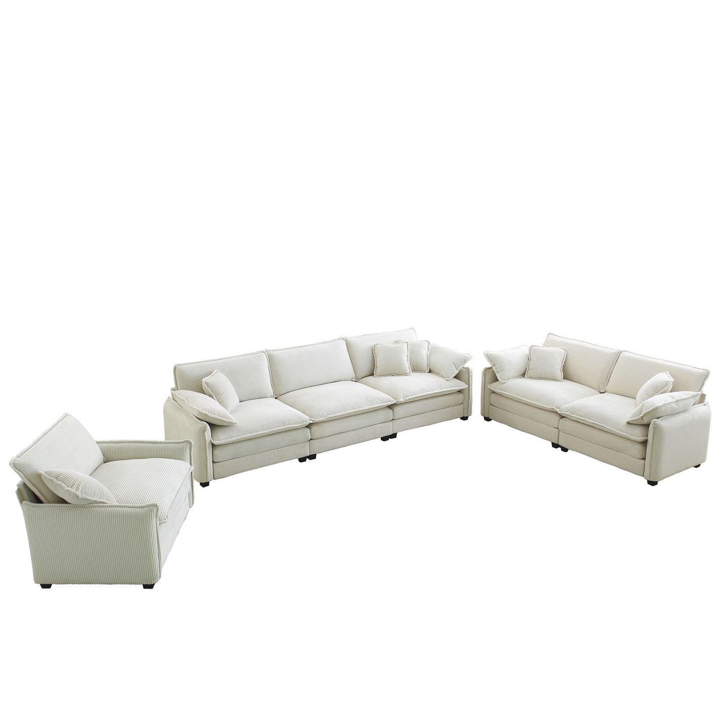 3 Piece Comfortable Oversized Sectional Sofa, One Single Sofa and One 2-Seater Sofa and One 3-Seater Sofa , Beige Corduroy Deep Seat Sofa