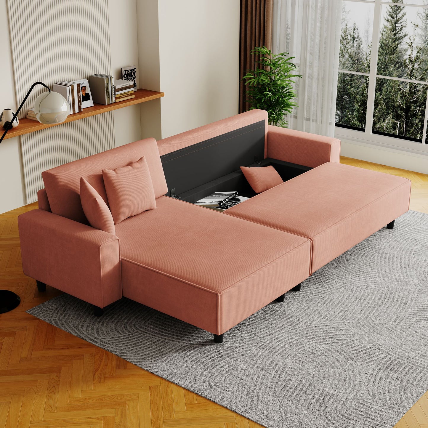 Spacious 93-Inch Orange Corduroy Sofa Bed with Two Pillows - Ideal for Living Room or Apartment, Ensuring a Roomy & Uncluttered Space