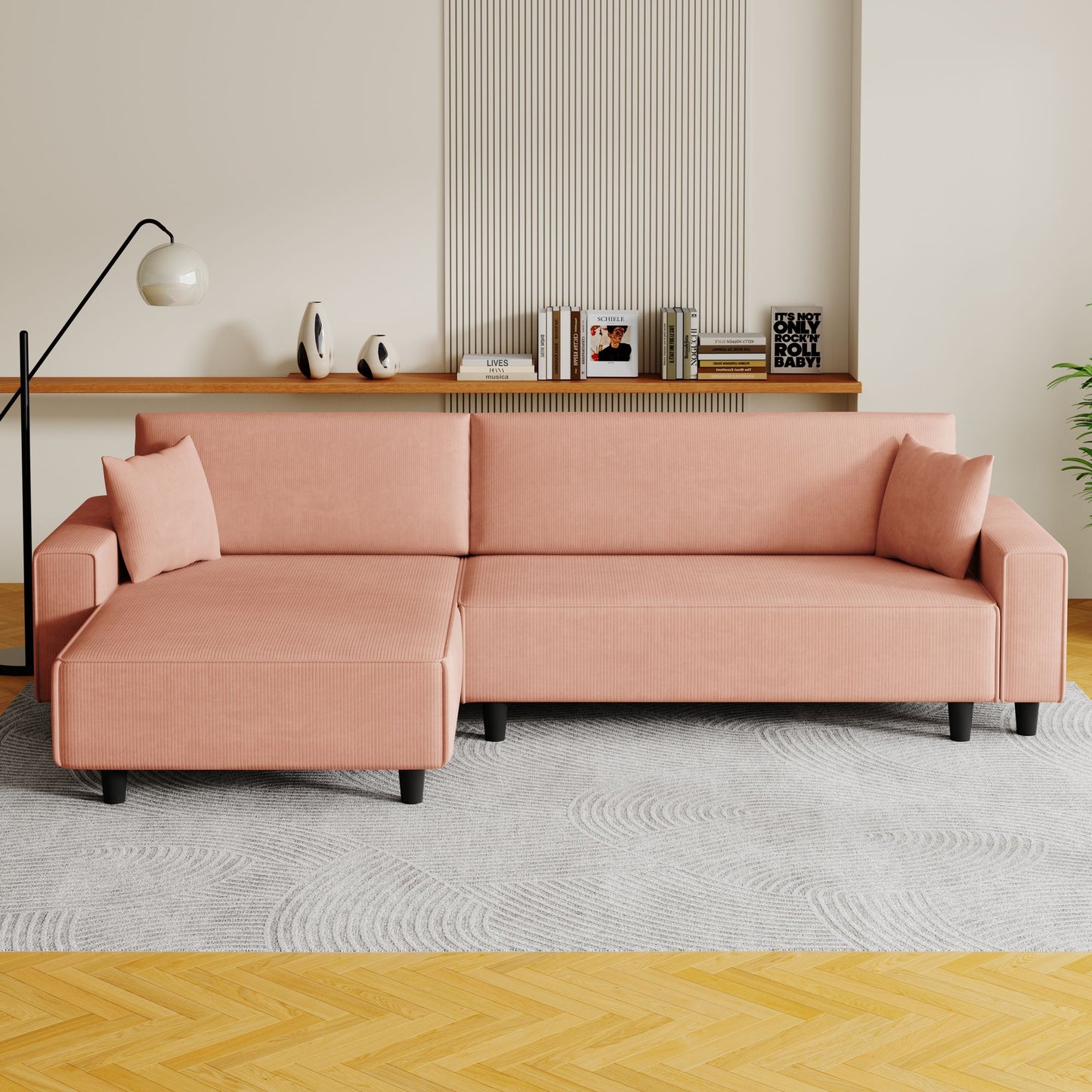 Spacious 93-Inch Orange Corduroy Sofa Bed with Two Pillows - Ideal for Living Room or Apartment, Ensuring a Roomy & Uncluttered Space