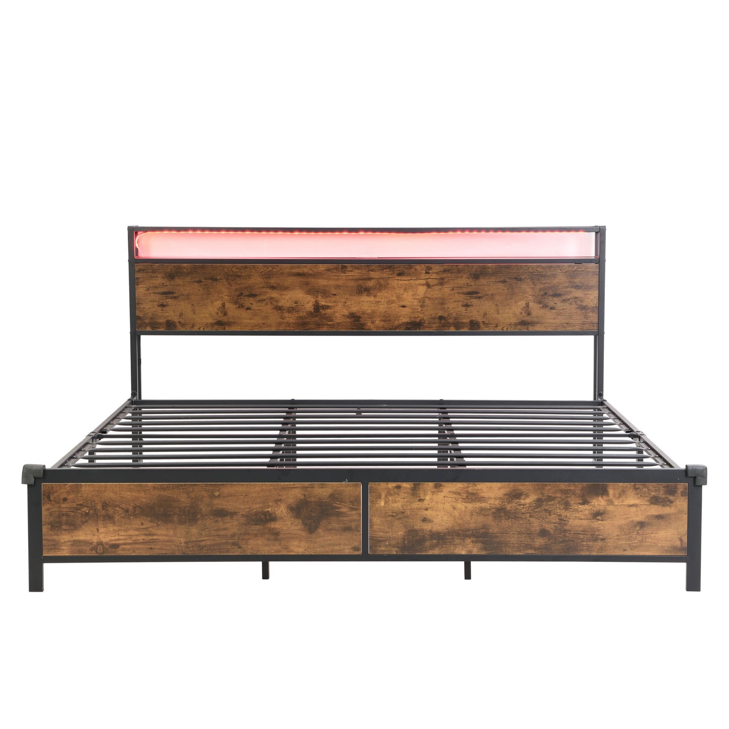 Industrial King Bed Frame with LED Lights and 2 USB Ports, Bed Frame King Size with Storage, Noise Free, No Box Spring Needed, Rustic Brown