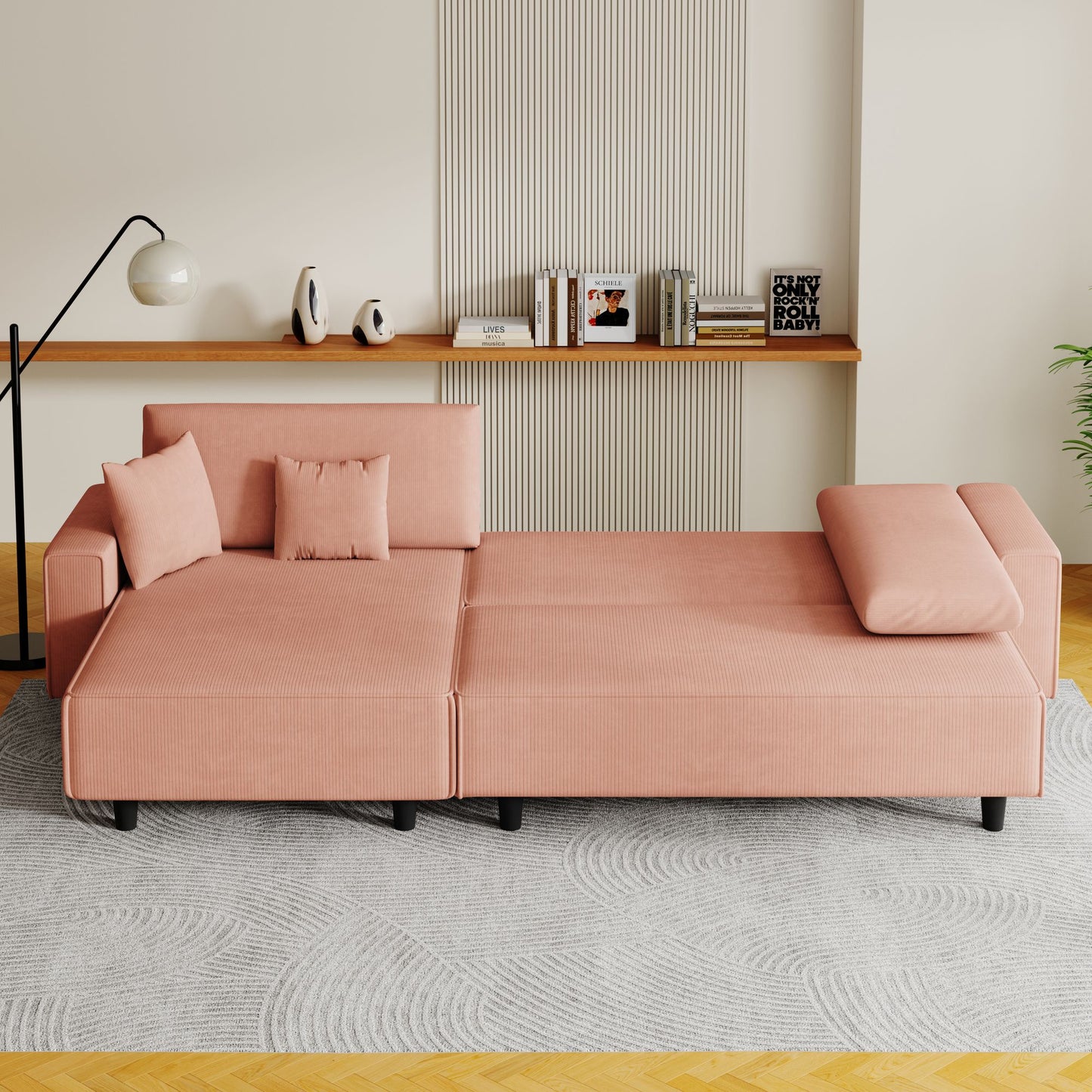 Spacious 93-Inch Orange Corduroy Sofa Bed with Two Pillows - Ideal for Living Room or Apartment, Ensuring a Roomy & Uncluttered Space
