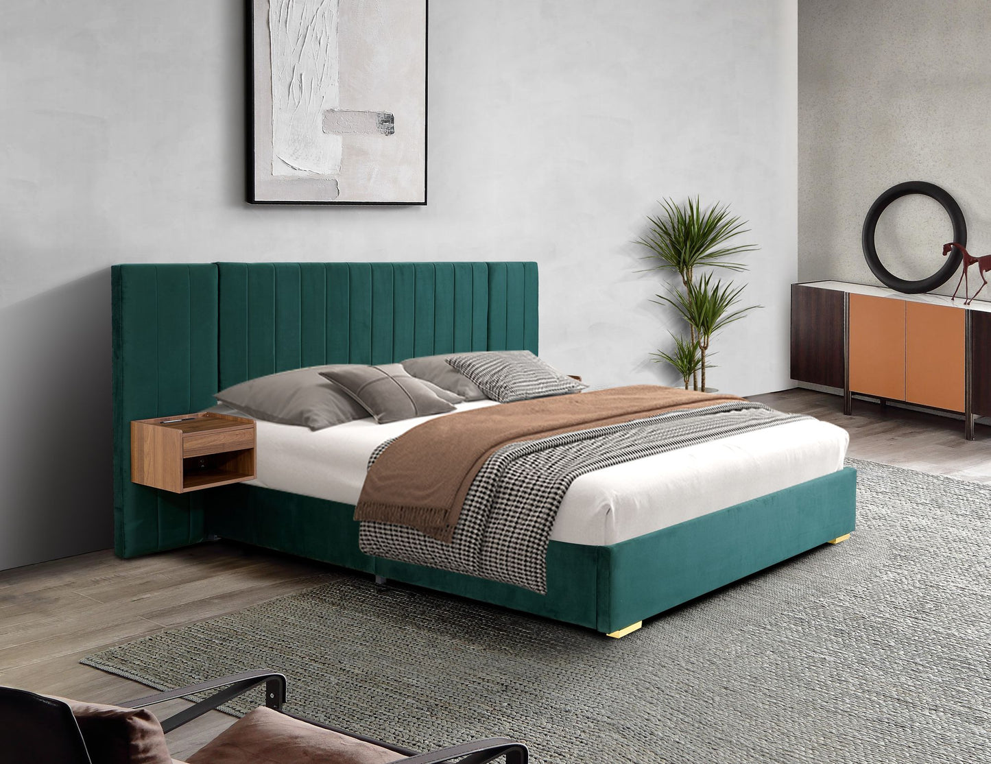 Upholstered Queen Size Bed Frame of Velvet Tufted Headboard with Floating Nightstand LED/USB Built-in, Grey