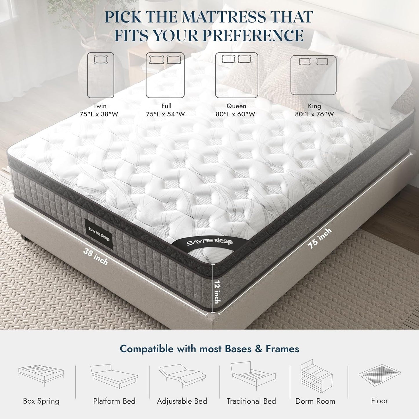 Assembled in USA - High Quality 12" King Diamond Innerspring Hybrid and Cooling Gel Memory Foam Mattress, Pressure Relief, and Motion Isolation, CertiPUR-US and Oeko TEX Certified