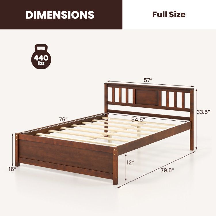 Wooden Platform Bed with Headboard and Wood Slat Support