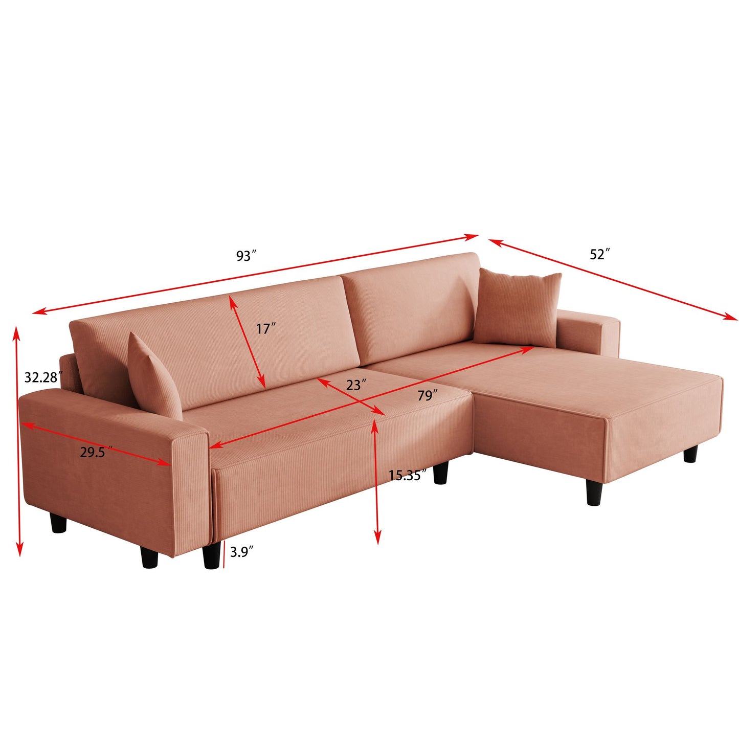 Spacious 93-Inch Orange Corduroy Sofa Bed with Two Pillows - Ideal for Living Room or Apartment, Ensuring a Roomy & Uncluttered Space