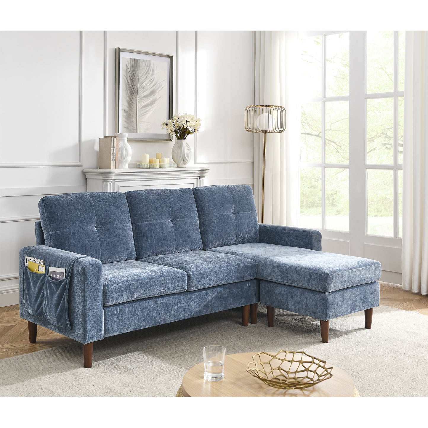 80' Convertible Sectional Sofa Couch; 3 Seats L-shape Sofa with Removable Cushions and Pocket; Rubber Wood Legs