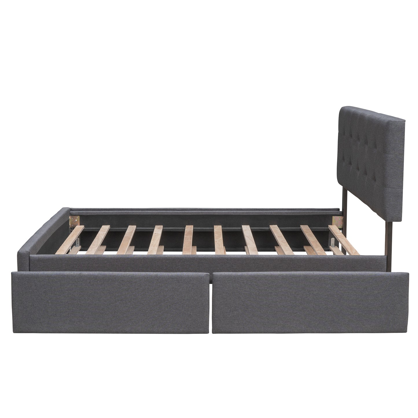 Upholstered Platform Bed with 2 Drawers and 1 Twin XL Trundle; Linen Fabric; Queen Size