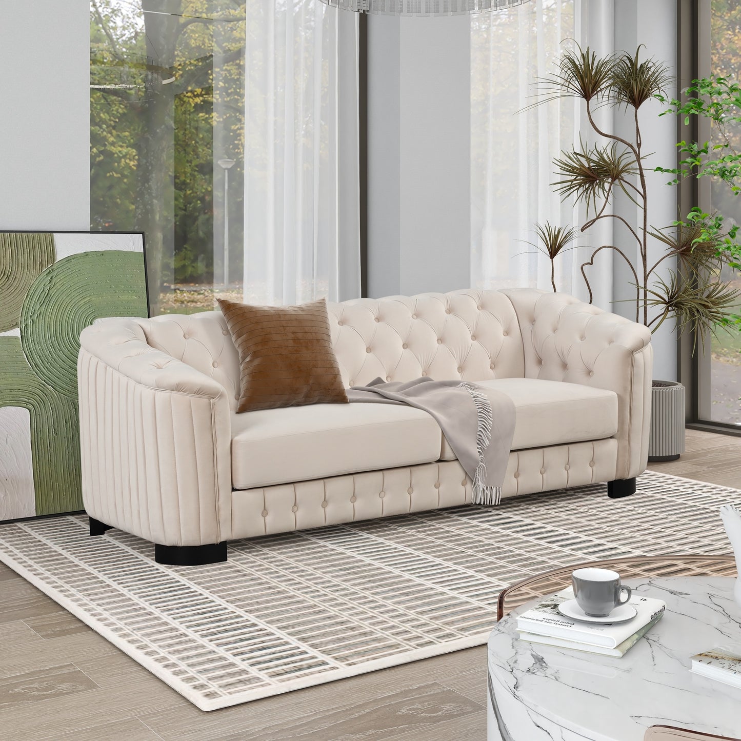 82\" Mid Century Modern Sofa with Rubber Wood Legs; Velvet Upholstered Sofa Couch; Sofa with Thick Removable Seat Cushion; 3 Seater Sofa Couch for Living Room