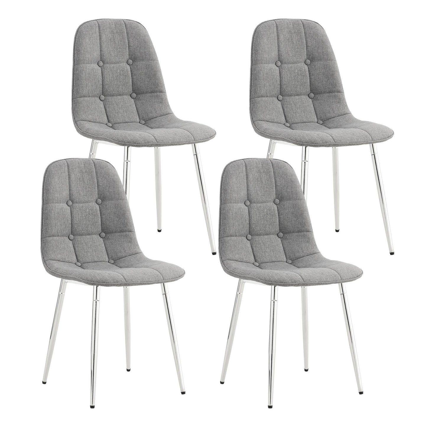 Dining Chairs Set of 4; Modern Mid-Century Style Dining Kitchen Room Upholstered Side Chairs; Soft Tufted Linen Fabric with Inset Buttons; Chrome Metal Legs; for Kitchen Lounge Farmhouse; Light Gray