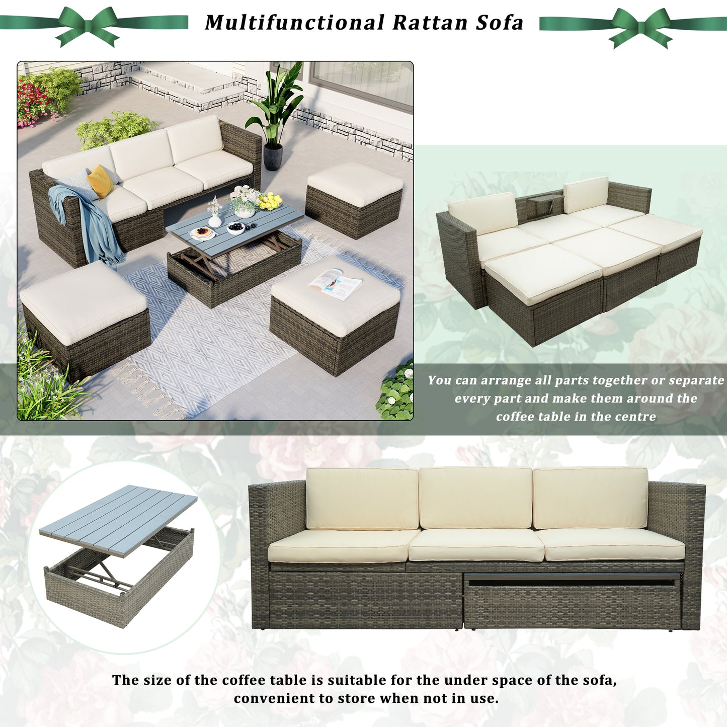 Patio Furniture Sets; 5-Piece Patio Wicker Sofa with Adustable Backrest; Cushions; Ottomans and Lift Top Coffee Table