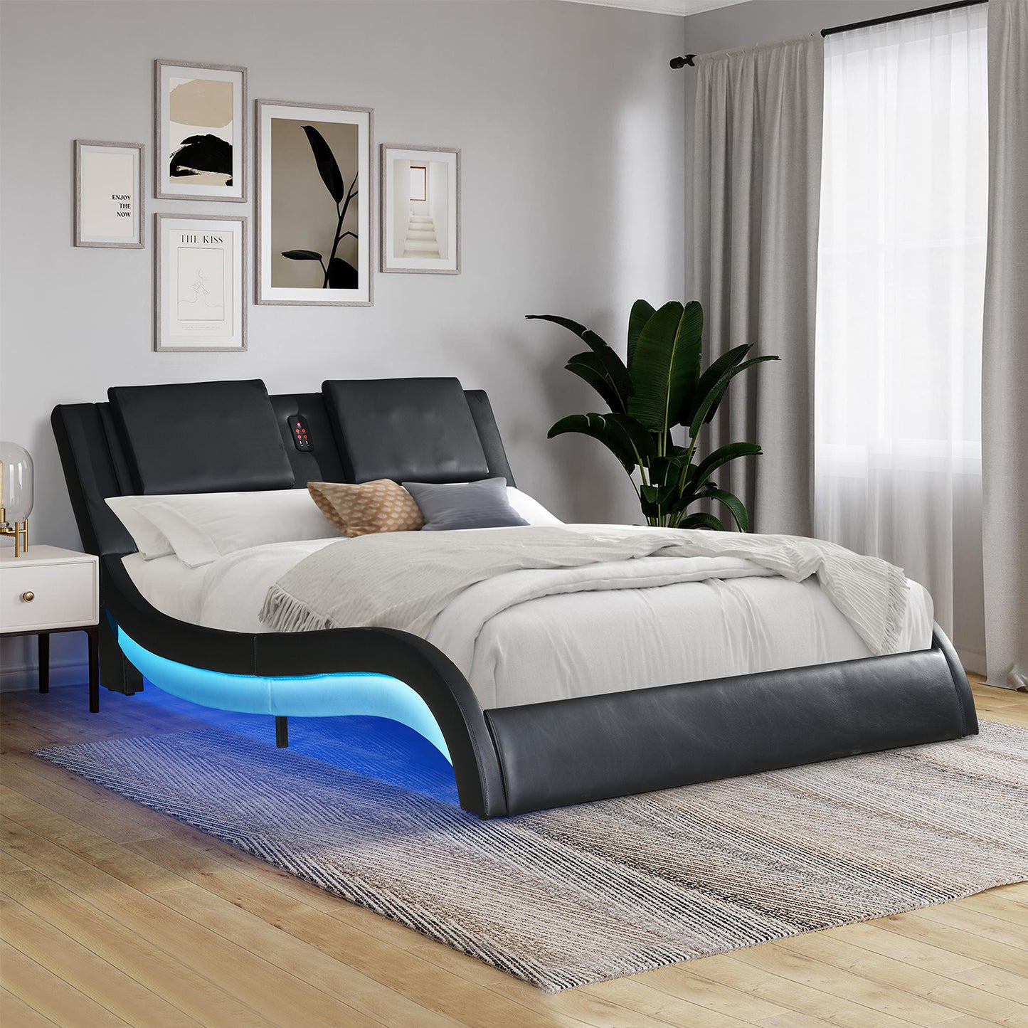Faux Leather Upholstered Platform Bed Frame with led lighting; Bluetooth connection to play music RGB control; Backrest vibration massage; Curve Design; Wood Slat Support; No Box Spring Needed; Queen