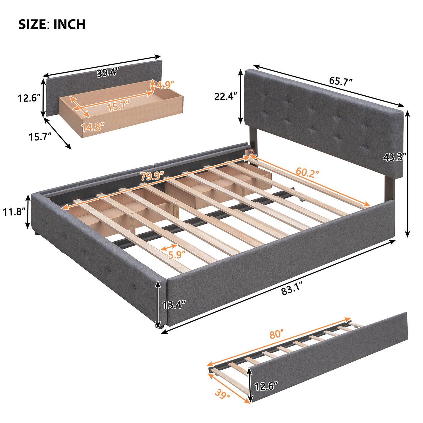 Upholstered Platform Bed with 2 Drawers and 1 Twin XL Trundle; Linen Fabric; Queen Size