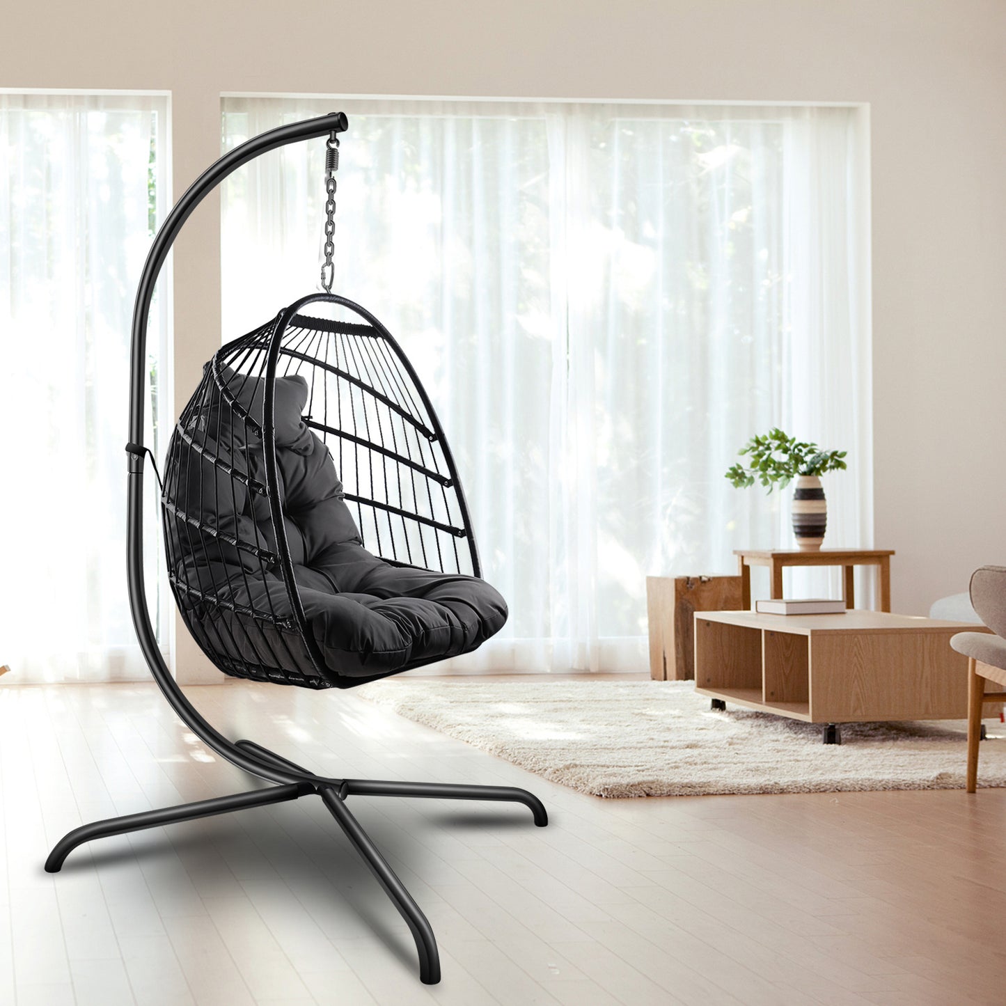 Swing Egg Chair with Stand Indoor Outdoor Wicker Rattan Patio Basket Hanging Chair with C Type bracket , with cushion and pillow Banned from selling on Amazon.(Black New arrivals within 10 days)