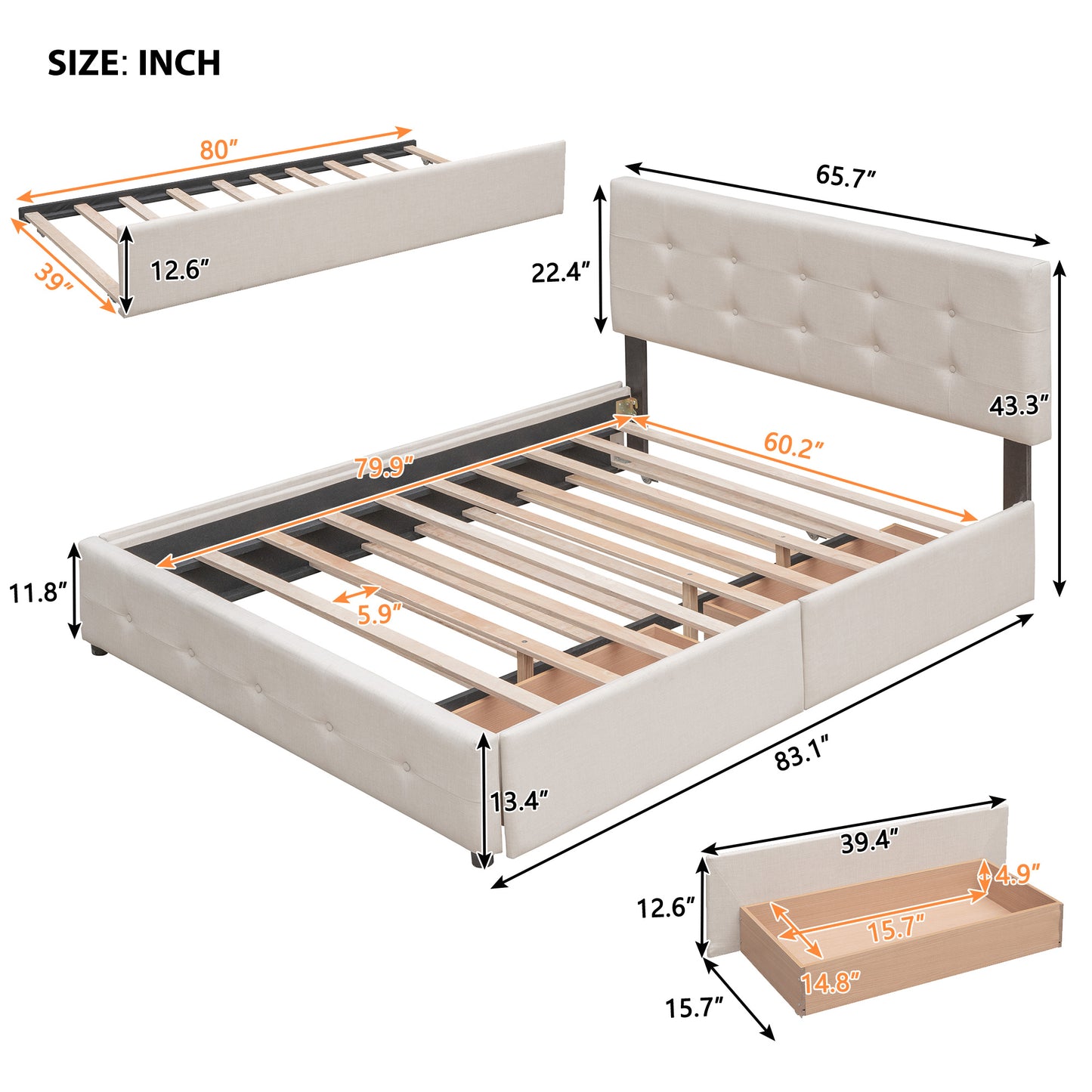 Upholstered Platform Bed with 2 Drawers and 1 Twin XL Trundle; Linen Fabric; Queen Size