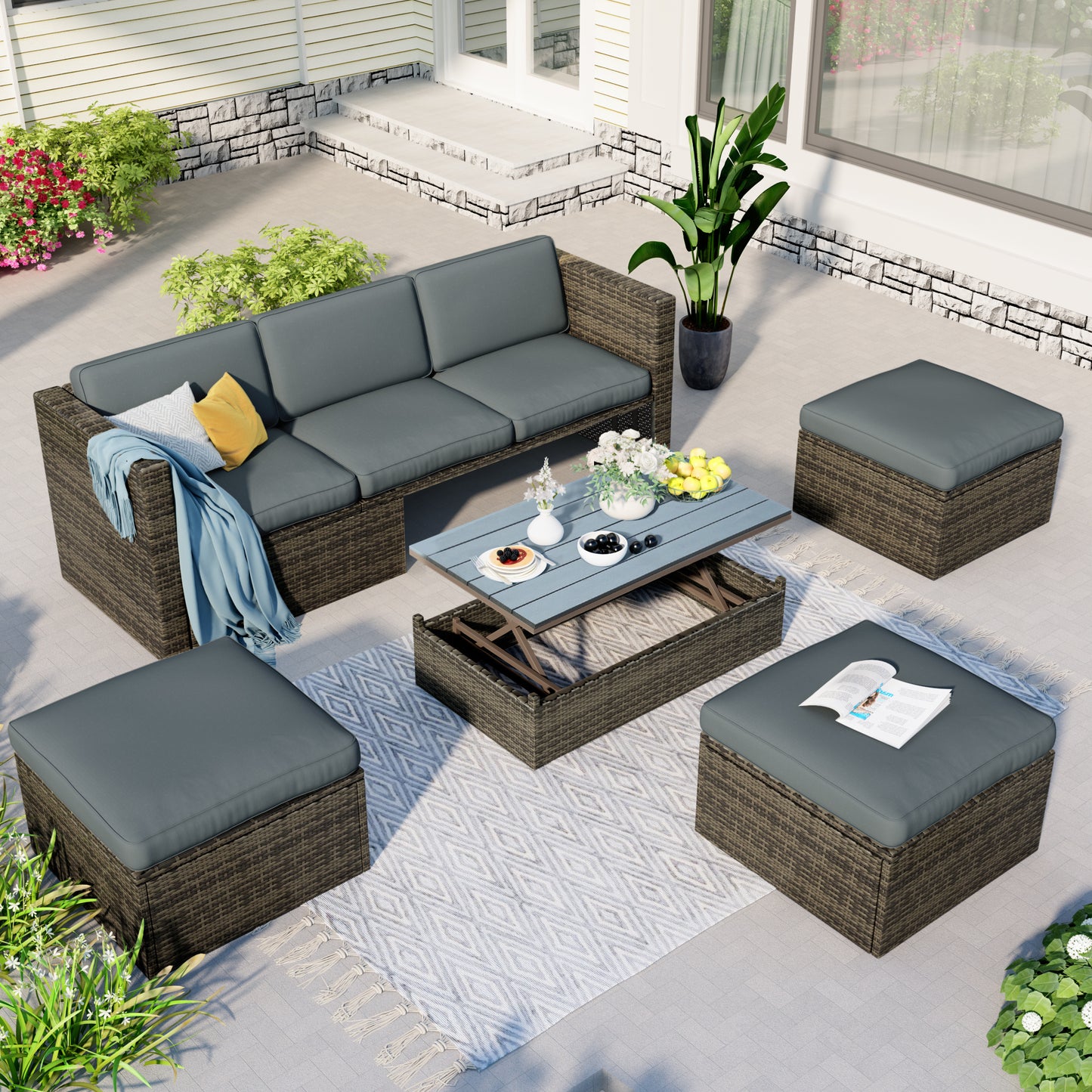 Patio Furniture Sets; 5-Piece Patio Wicker Sofa with Adustable Backrest; Cushions; Ottomans and Lift Top Coffee Table