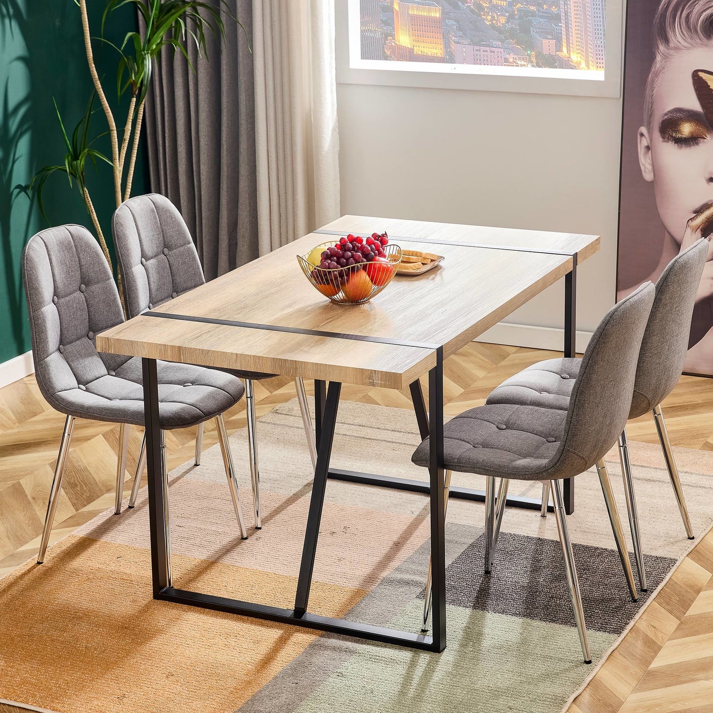 Dining Chairs Set of 4; Modern Mid-Century Style Dining Kitchen Room Upholstered Side Chairs; Soft Tufted Linen Fabric with Inset Buttons; Chrome Metal Legs; for Kitchen Lounge Farmhouse; Light Gray