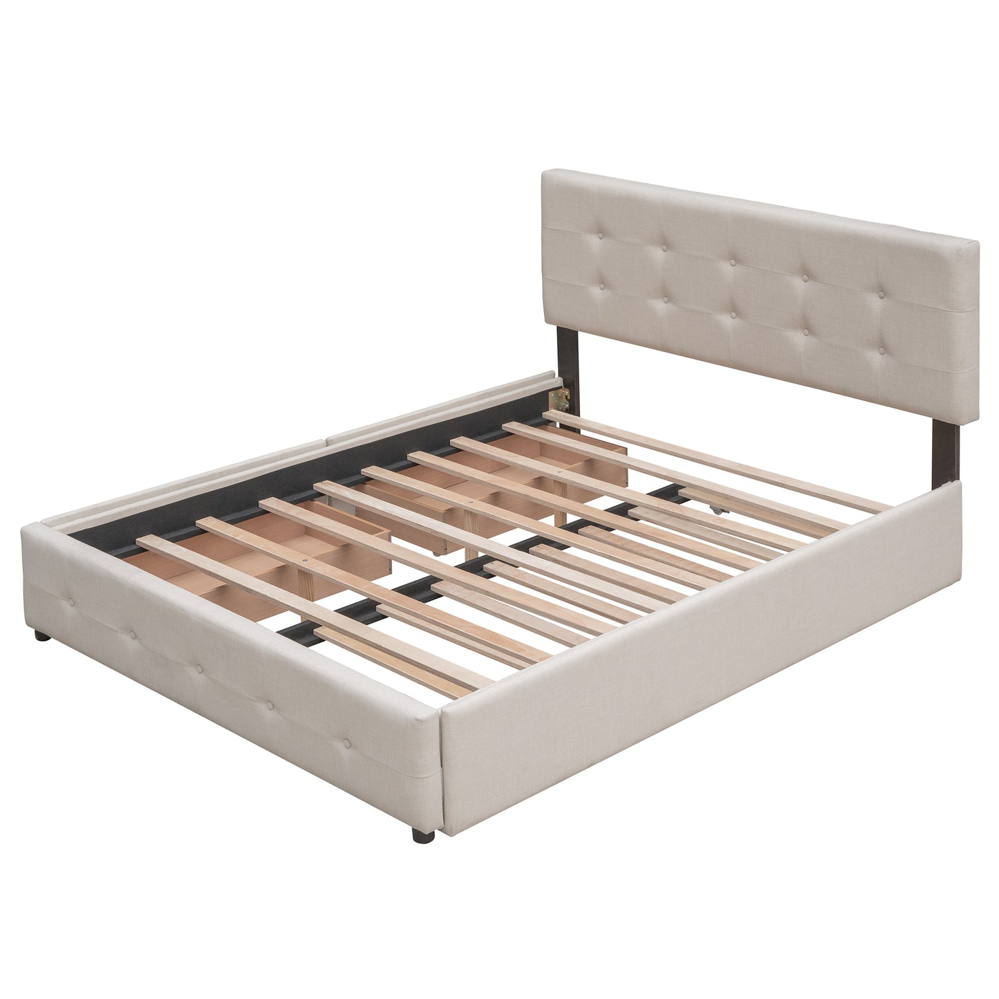 Upholstered Platform Bed with 2 Drawers and 1 Twin XL Trundle; Linen Fabric; Queen Size