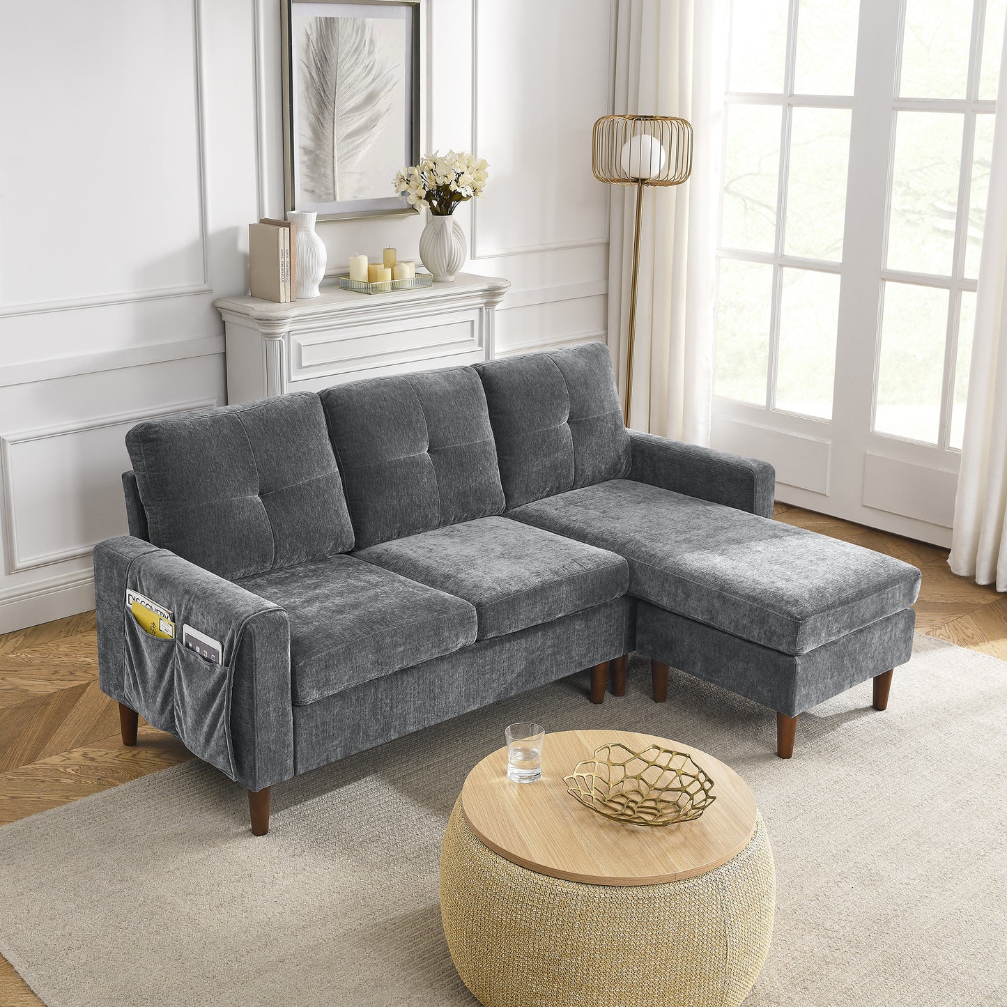 80' Convertible Sectional Sofa Couch; 3 Seats L-shape Sofa with Removable Cushions and Pocket; Rubber Wood Legs
