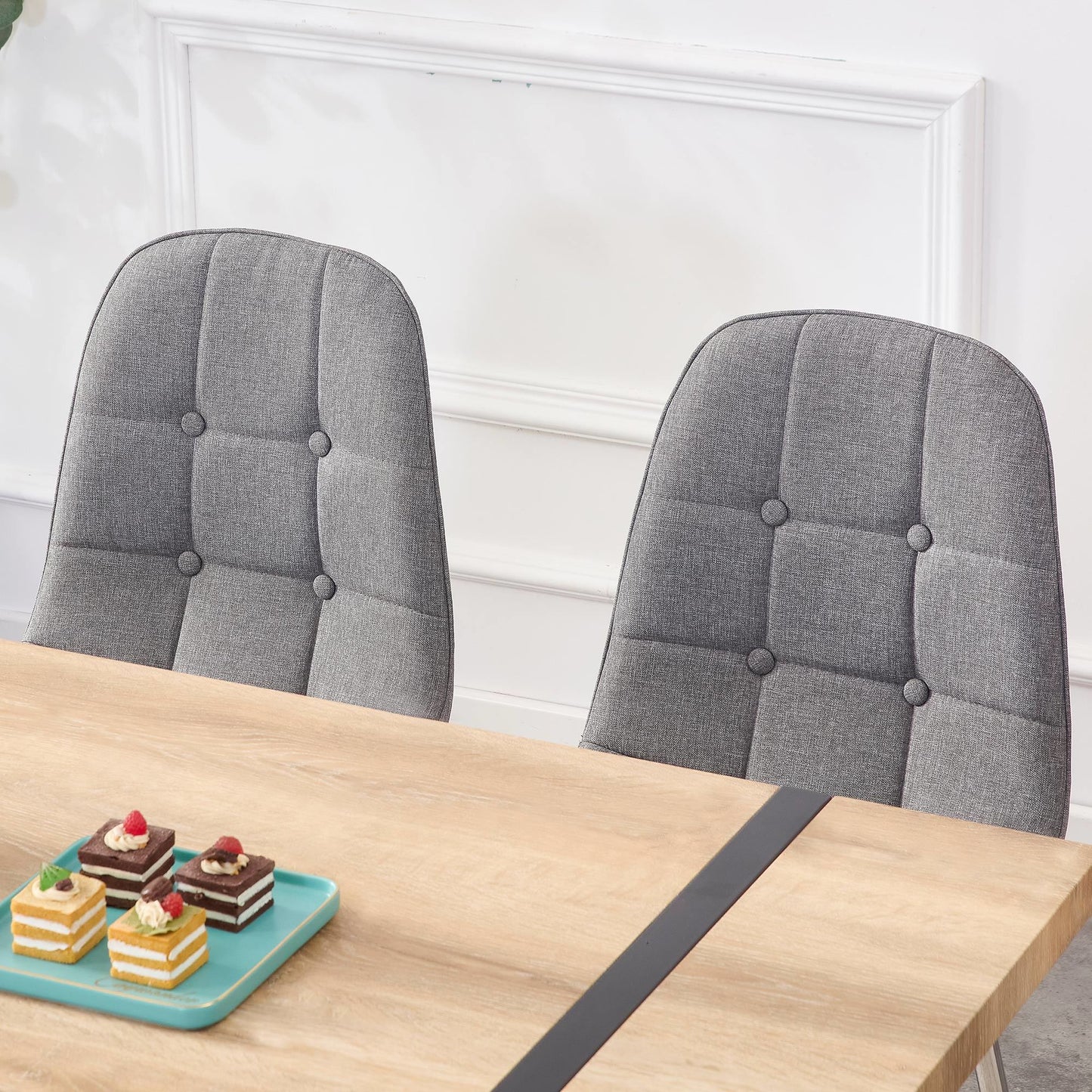 Dining Chairs Set of 4; Modern Mid-Century Style Dining Kitchen Room Upholstered Side Chairs; Soft Tufted Linen Fabric with Inset Buttons; Chrome Metal Legs; for Kitchen Lounge Farmhouse; Light Gray