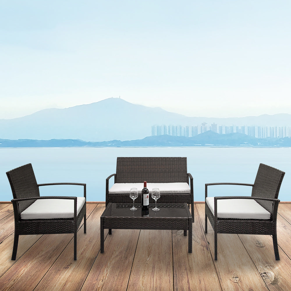 Outdoor 2pcs Arm Chairs 1pc Love Seat & Tempered Glass Coffee Table Rattan Sofa Set XH