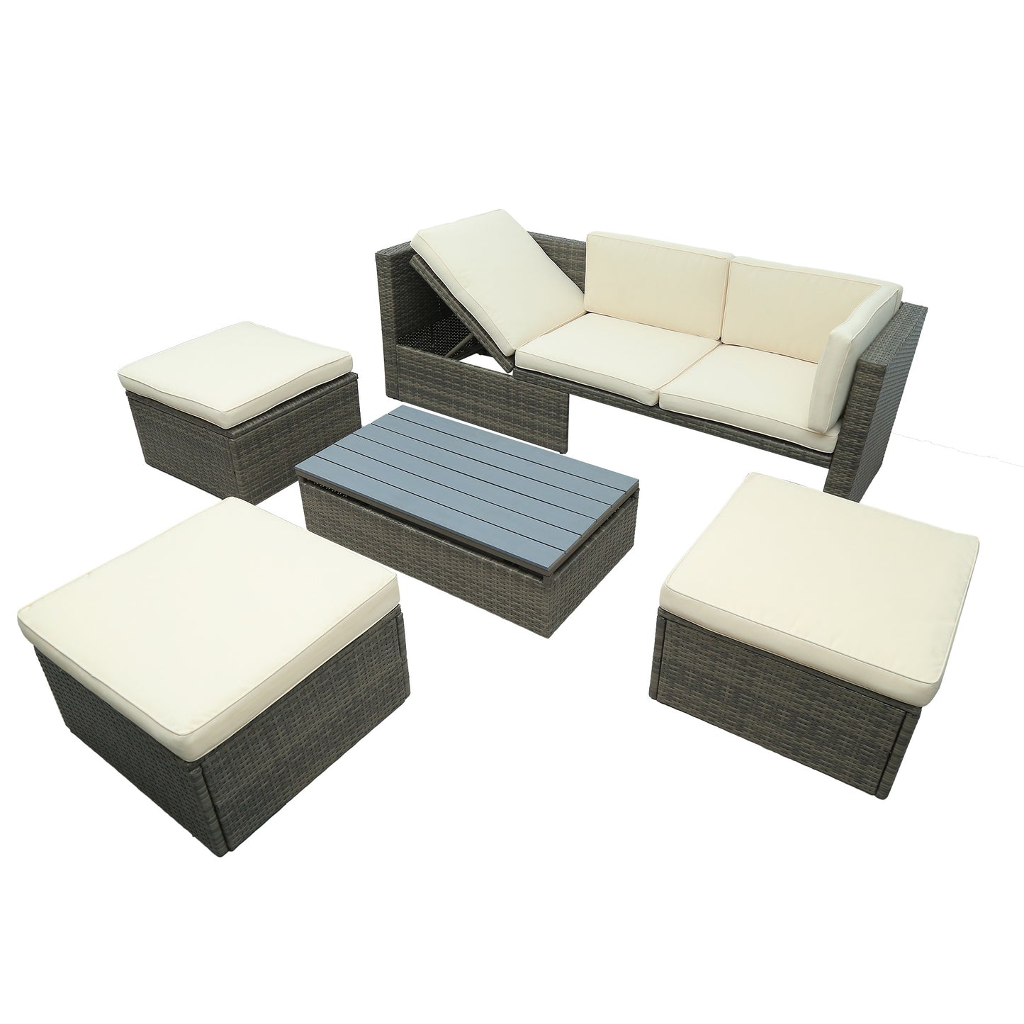 Patio Furniture Sets; 5-Piece Patio Wicker Sofa with Adustable Backrest; Cushions; Ottomans and Lift Top Coffee Table