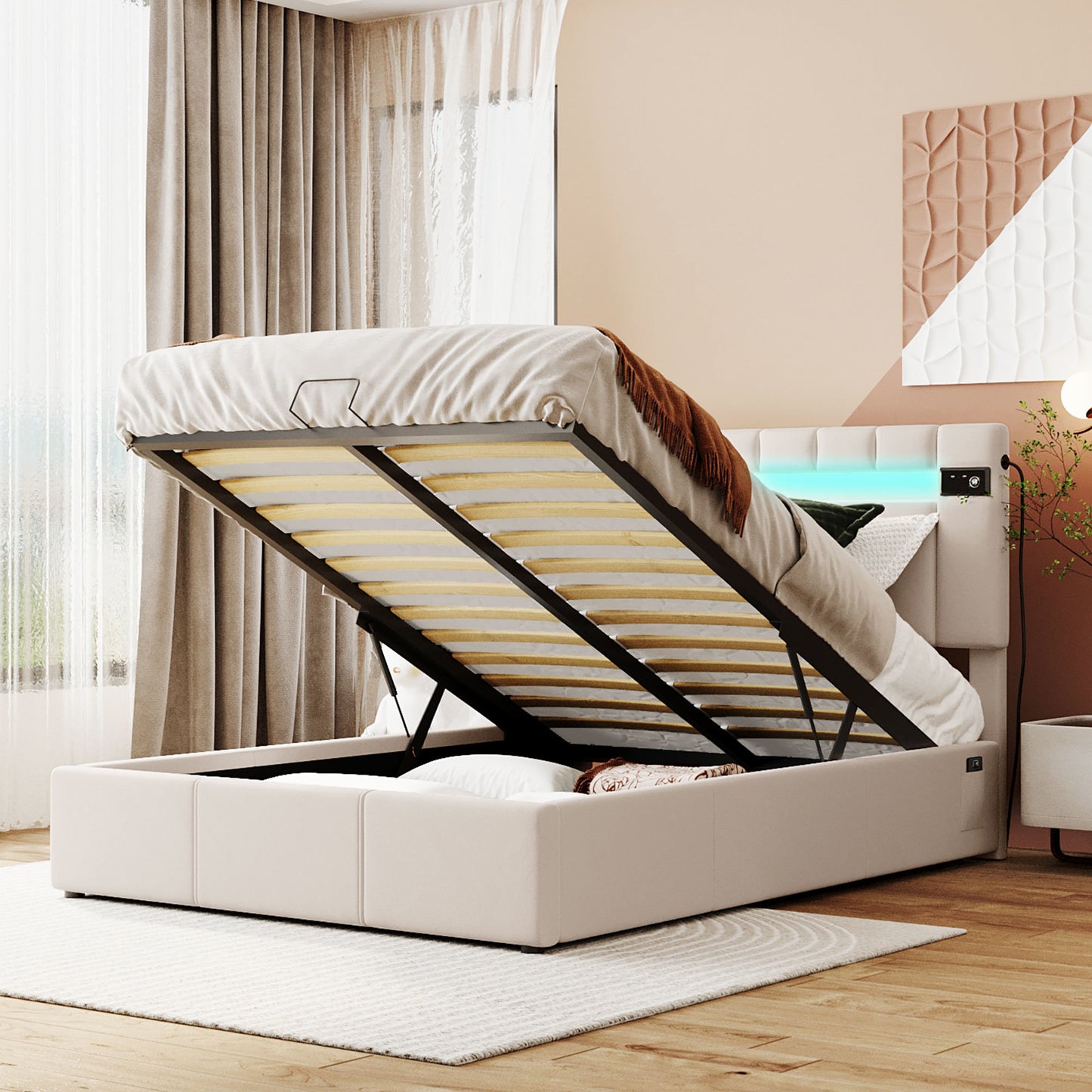 Upholstered Bed Full Size with LED light; Bluetooth Player and USB Charging; Hydraulic Storage Bed in Velvet Fabric