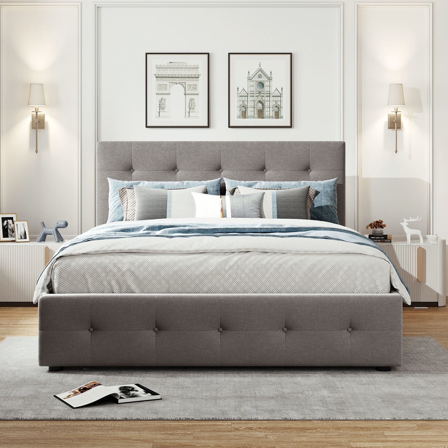 Upholstered Platform Bed with 2 Drawers and 1 Twin XL Trundle; Linen Fabric; Queen Size
