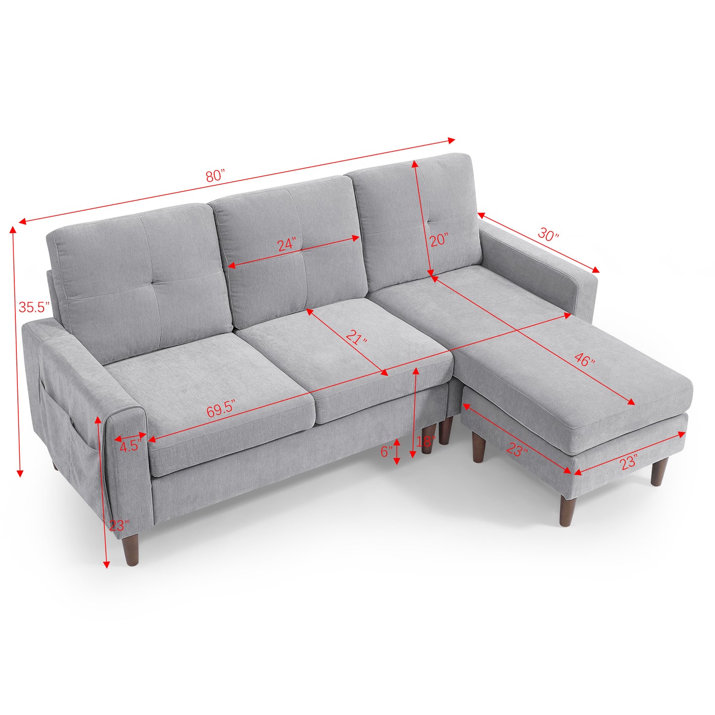 80' Convertible Sectional Sofa Couch; 3 Seats L-shape Sofa with Removable Cushions and Pocket; Rubber Wood Legs