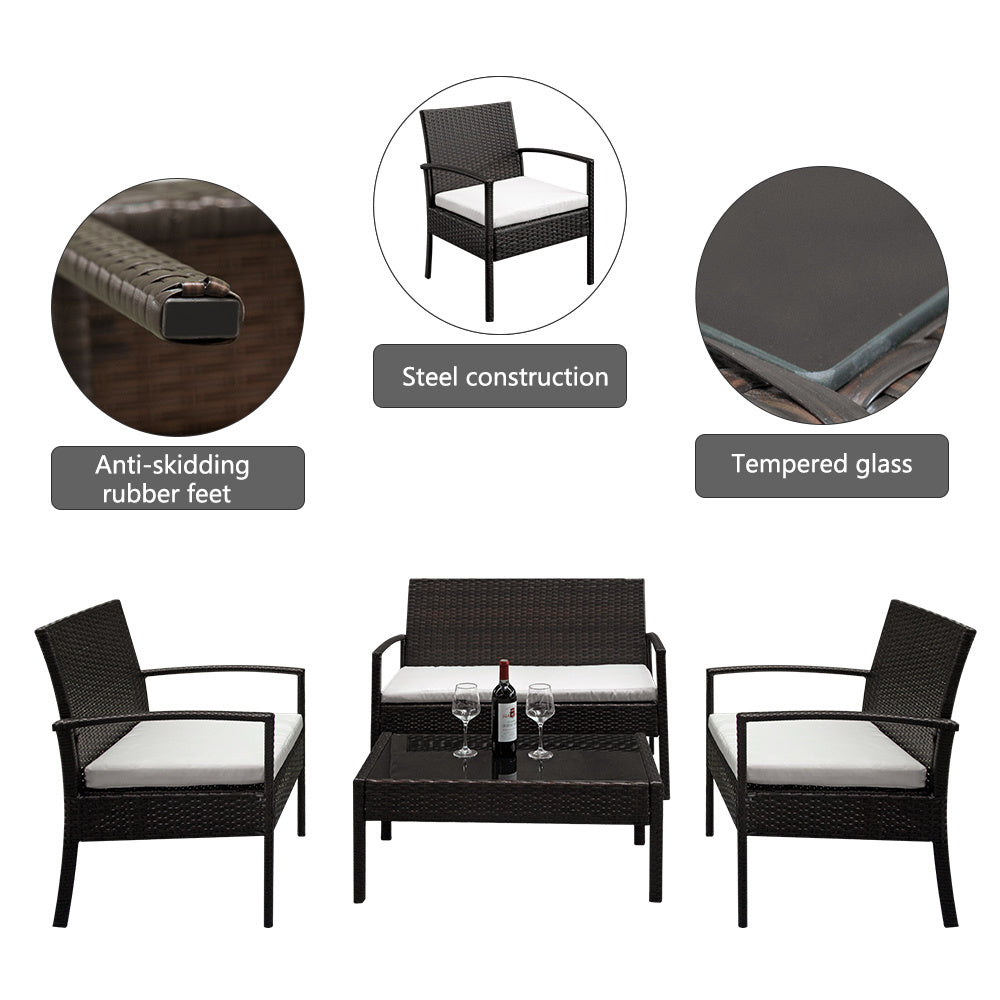 Outdoor 2pcs Arm Chairs 1pc Love Seat & Tempered Glass Coffee Table Rattan Sofa Set XH