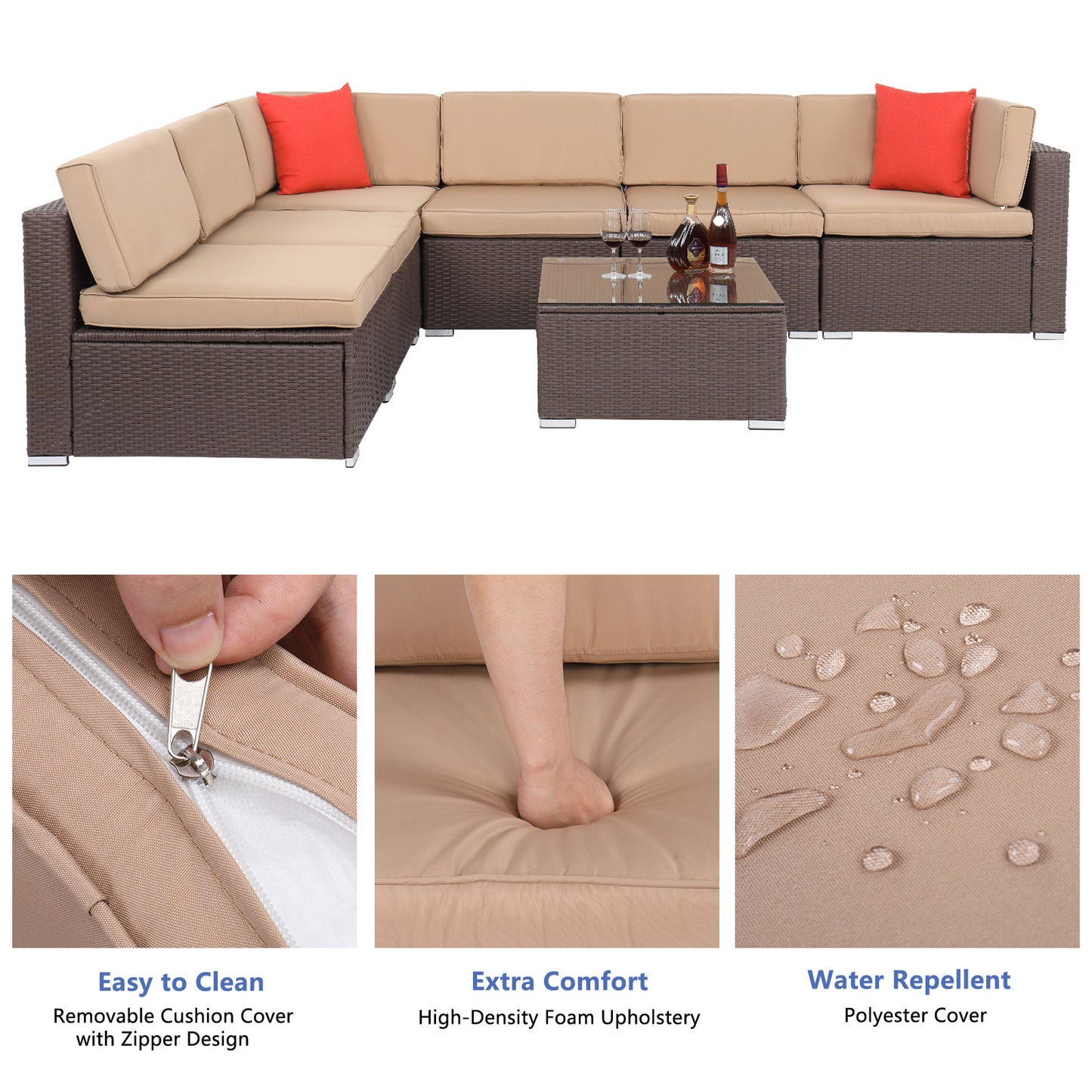 Large Seven-Piece Set 2 Corners 4 No Armrests 1 Square Table Coffee Table Dark Brown Tree Pattern Rattan Khaki Cushion XH