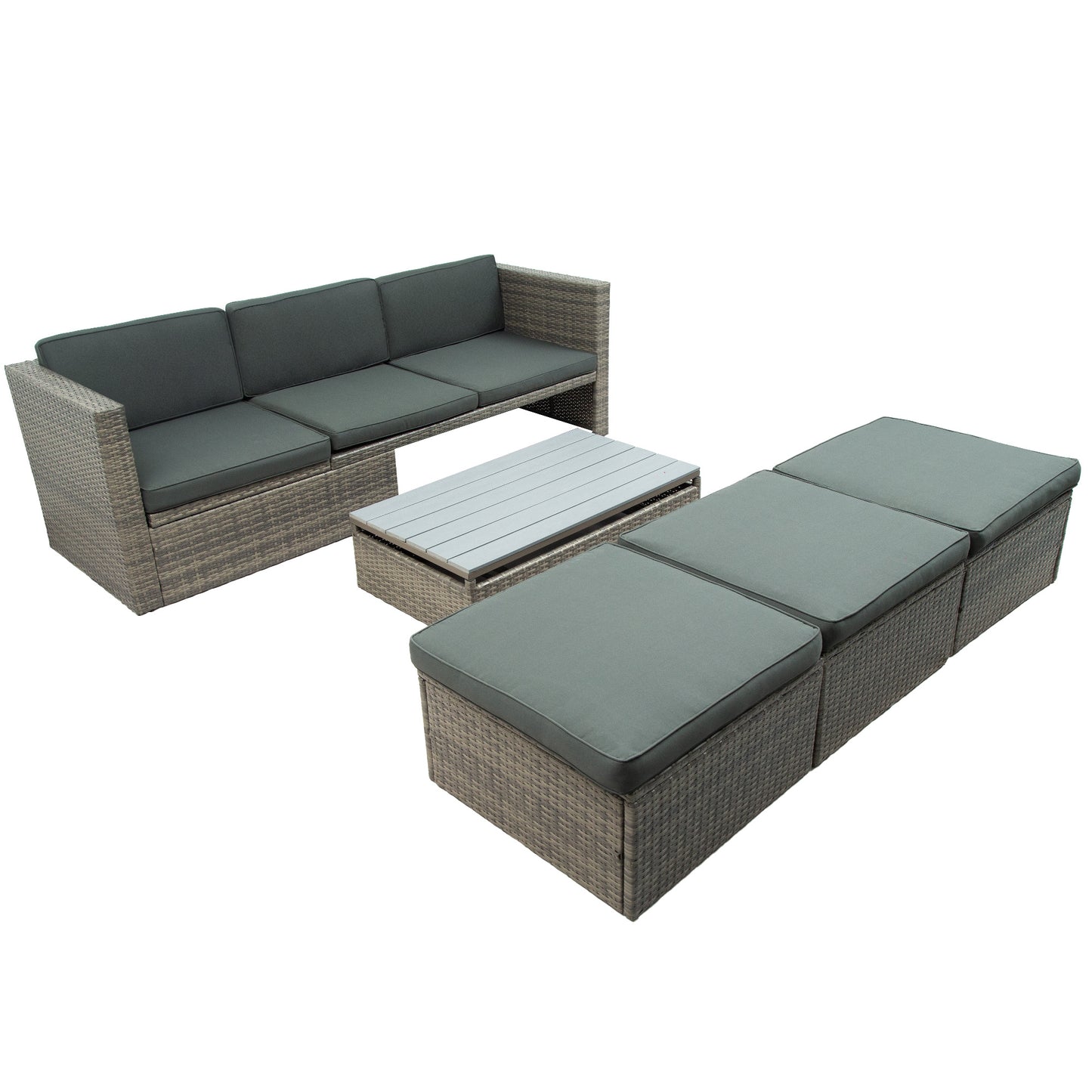 Patio Furniture Sets; 5-Piece Patio Wicker Sofa with Adustable Backrest; Cushions; Ottomans and Lift Top Coffee Table