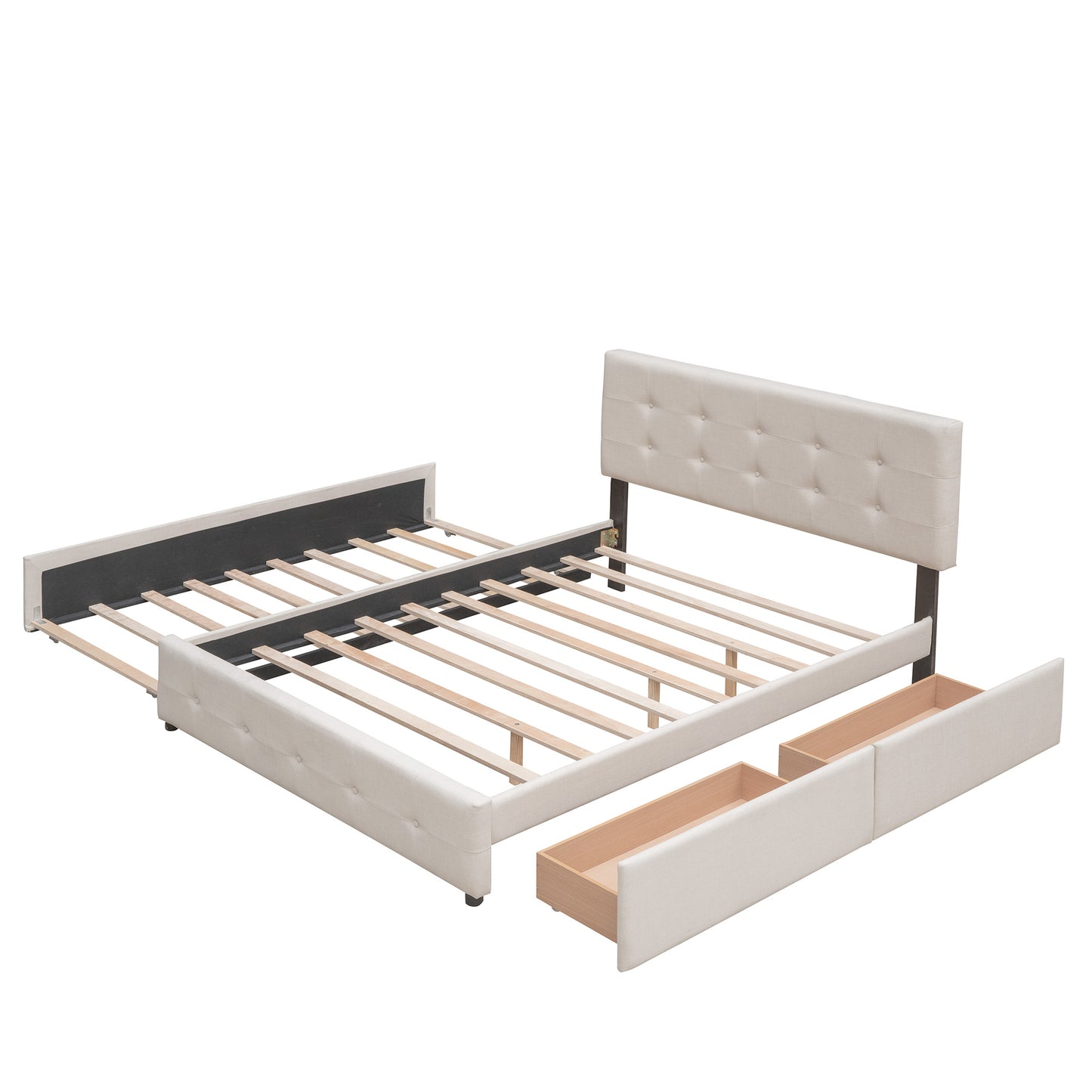 Upholstered Platform Bed with 2 Drawers and 1 Twin XL Trundle; Linen Fabric; Queen Size