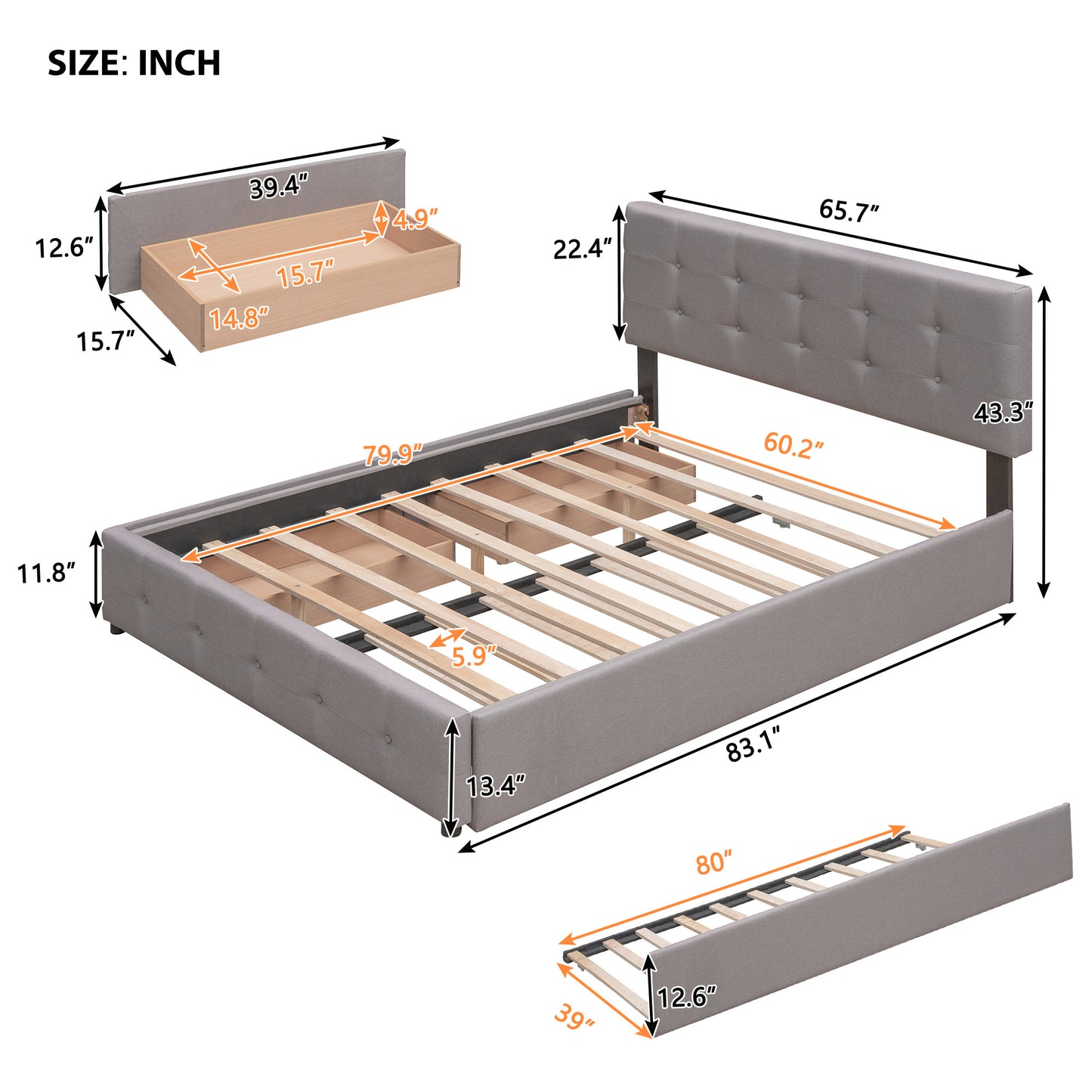 Upholstered Platform Bed with 2 Drawers and 1 Twin XL Trundle; Linen Fabric; Queen Size