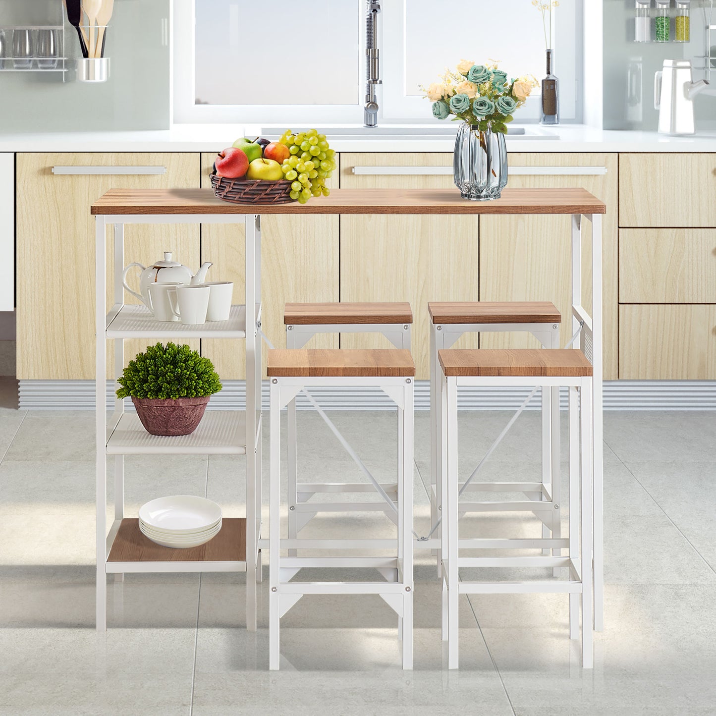 5 Piece Counter Height Dining Table Set, Industrial Style Bar Pub Table with 4 Backless Bar stools for Home, Oak Finish YJ