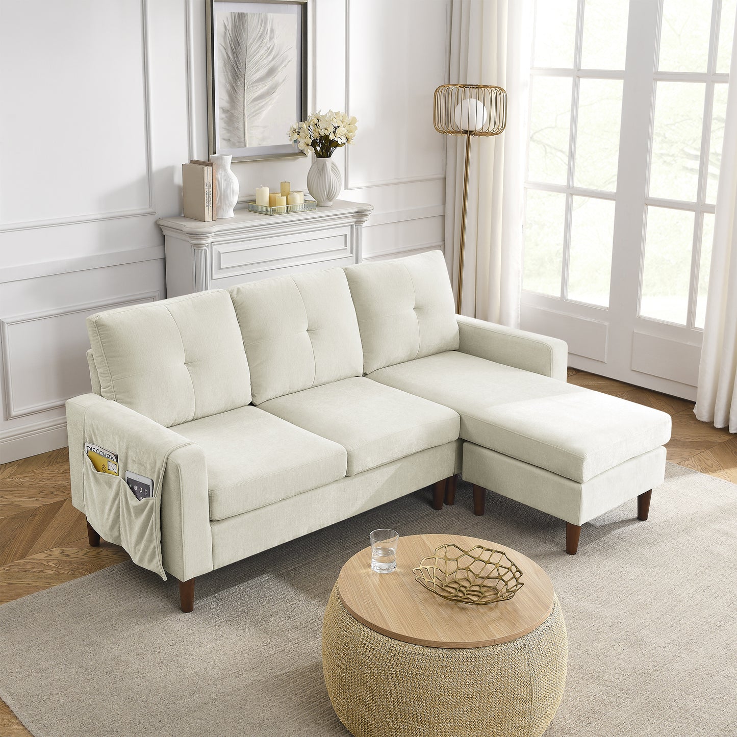 80' Convertible Sectional Sofa Couch; 3 Seats L-shape Sofa with Removable Cushions and Pocket; Rubber Wood Legs