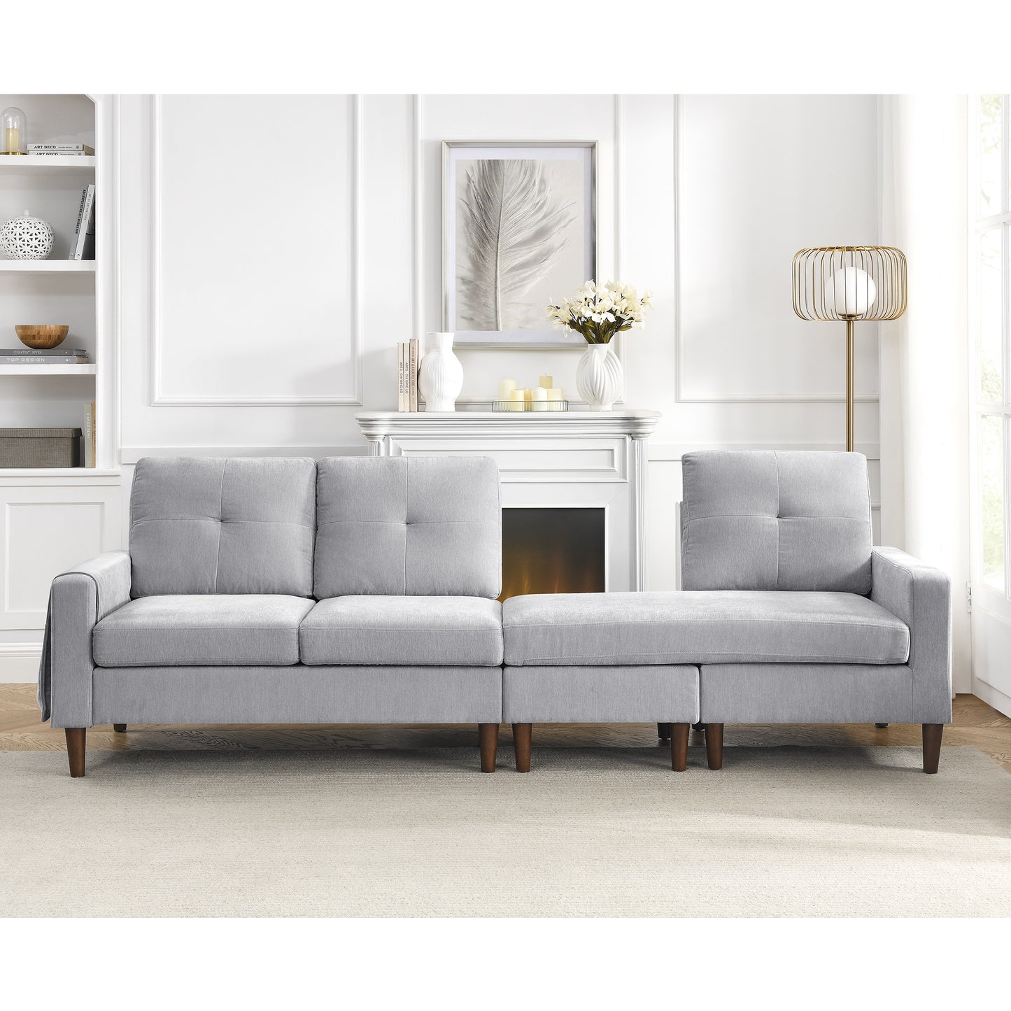 80' Convertible Sectional Sofa Couch; 3 Seats L-shape Sofa with Removable Cushions and Pocket; Rubber Wood Legs