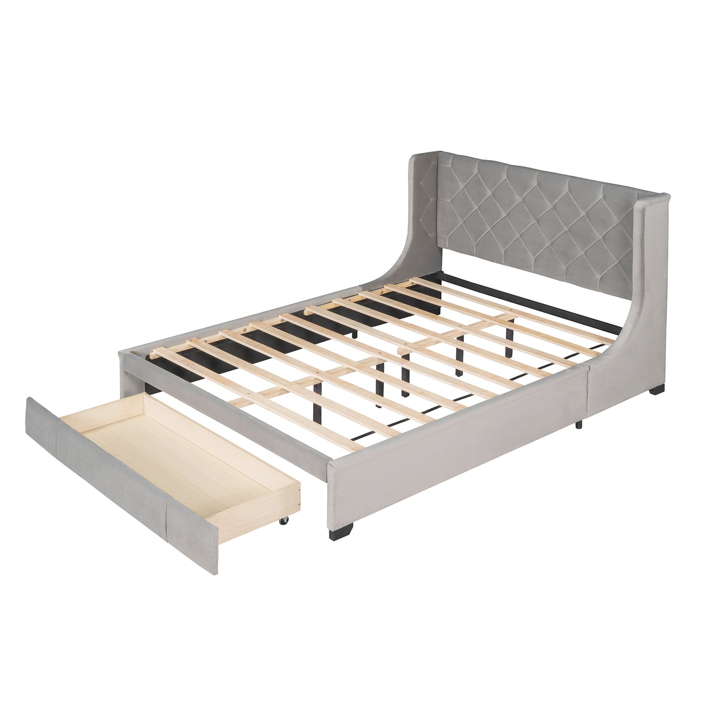 Queen Size Storage Bed Velvet Upholstered Platform Bed with Wingback Headboard and a Big Drawer