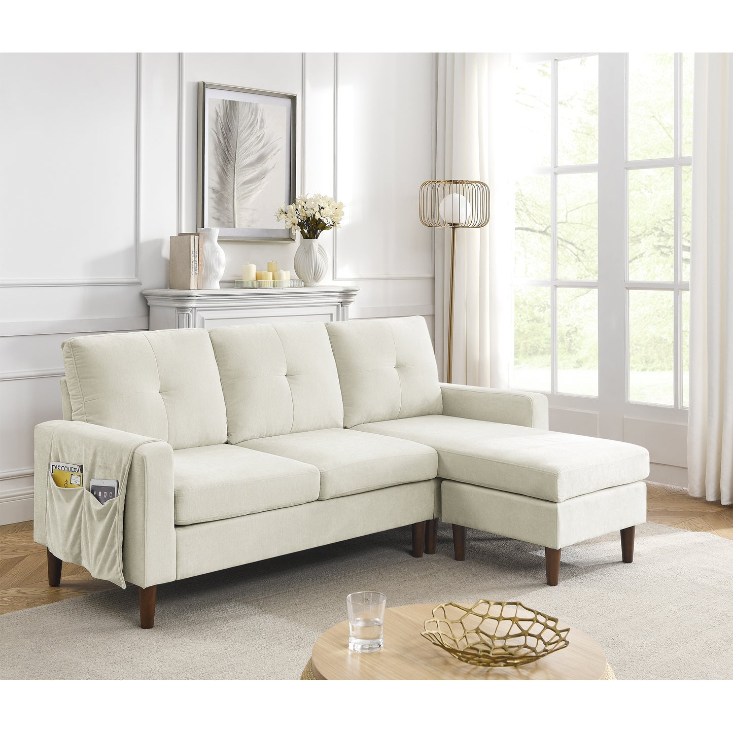 80' Convertible Sectional Sofa Couch; 3 Seats L-shape Sofa with Removable Cushions and Pocket; Rubber Wood Legs