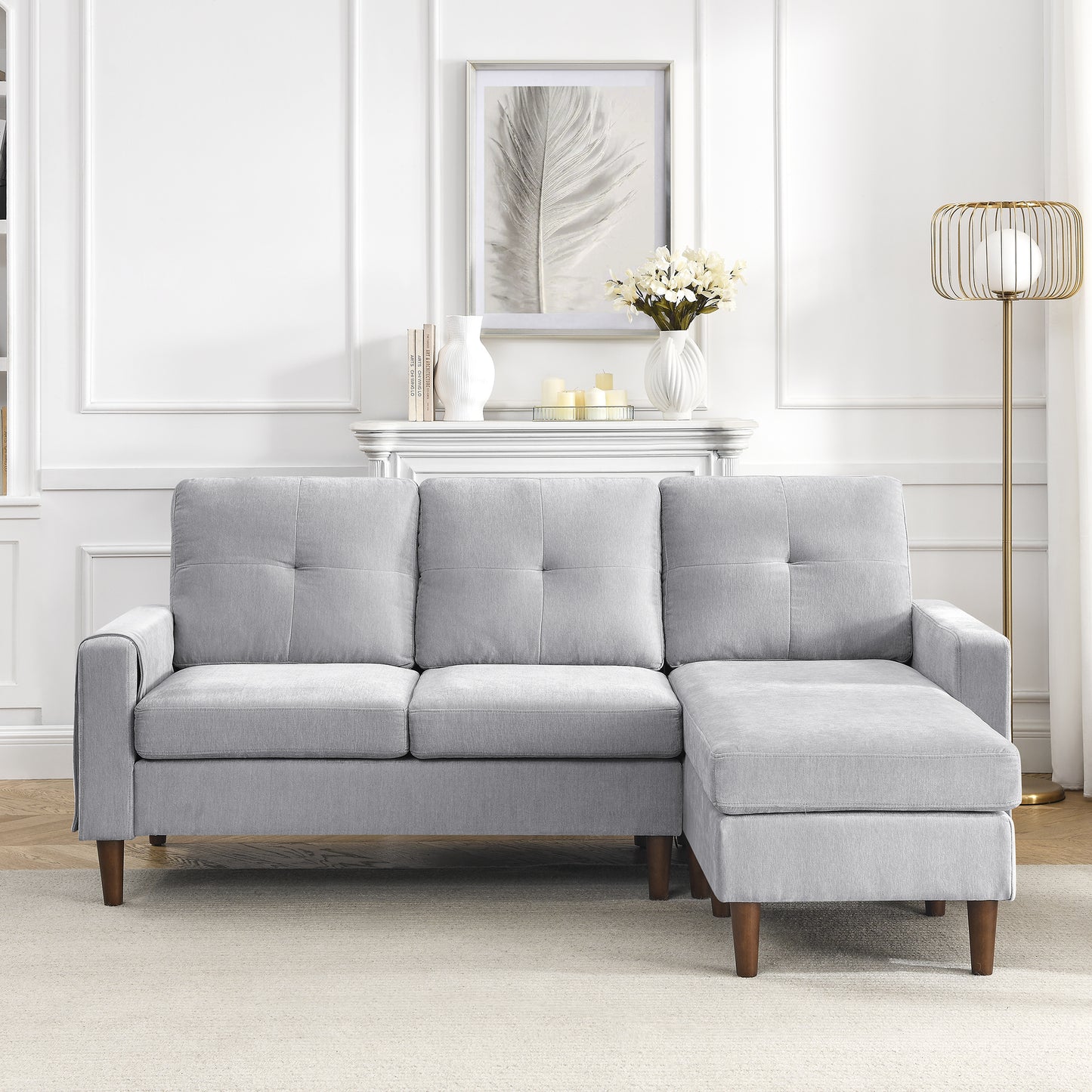 80' Convertible Sectional Sofa Couch; 3 Seats L-shape Sofa with Removable Cushions and Pocket; Rubber Wood Legs