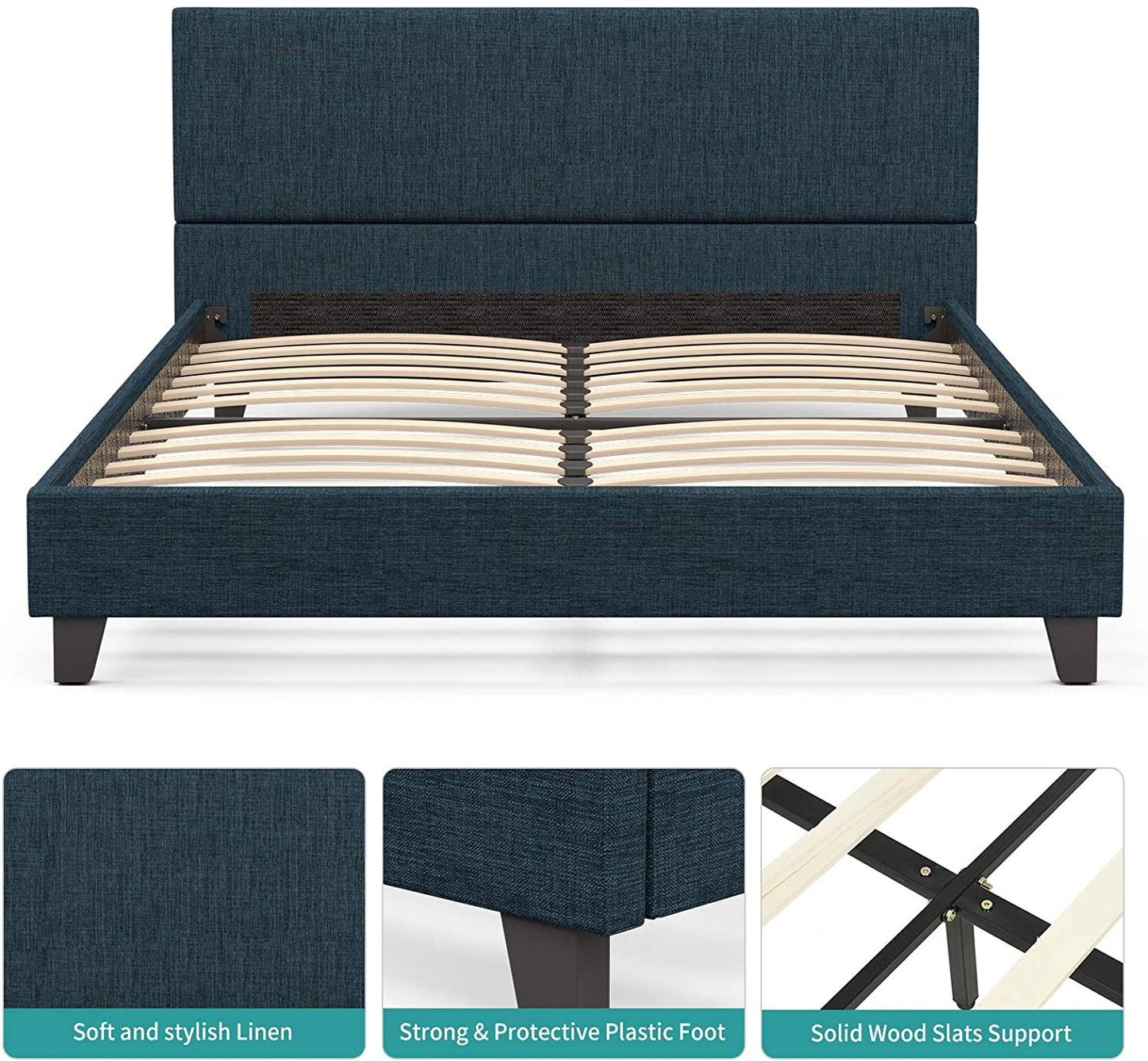 mecor Upholstered Linen Platform Bed Frame | Queen Bed Frame with Fabric Headboard / Strong Wood Slats Support / Easy Assembly - Queen Size in Blue Cloth--YS