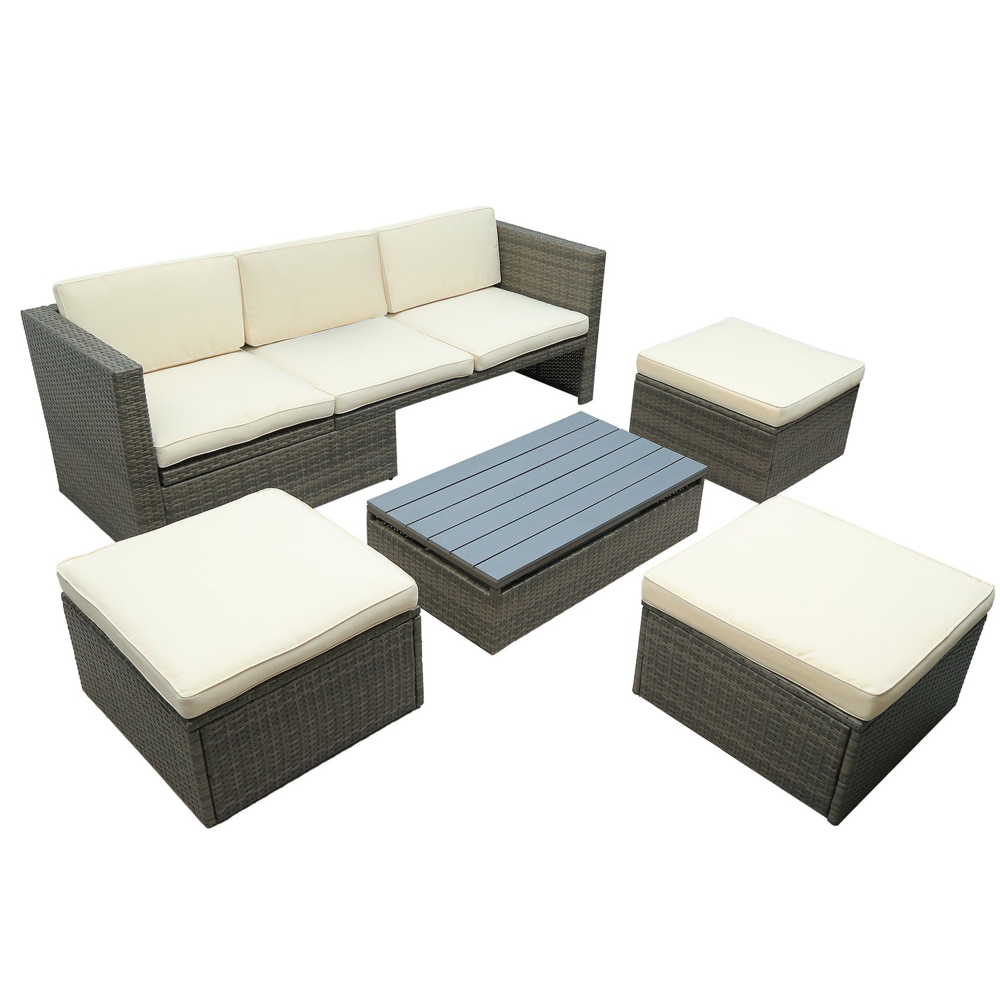 Patio Furniture Sets; 5-Piece Patio Wicker Sofa with Adustable Backrest; Cushions; Ottomans and Lift Top Coffee Table