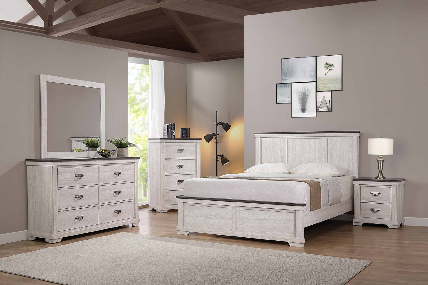 Farmhouse Rustic Style Antique White & Brown Queen Size Panel 1pc Bed Wooden Bedroom Furniture