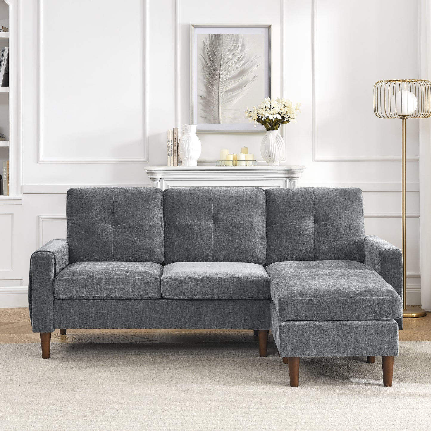 80' Convertible Sectional Sofa Couch; 3 Seats L-shape Sofa with Removable Cushions and Pocket; Rubber Wood Legs