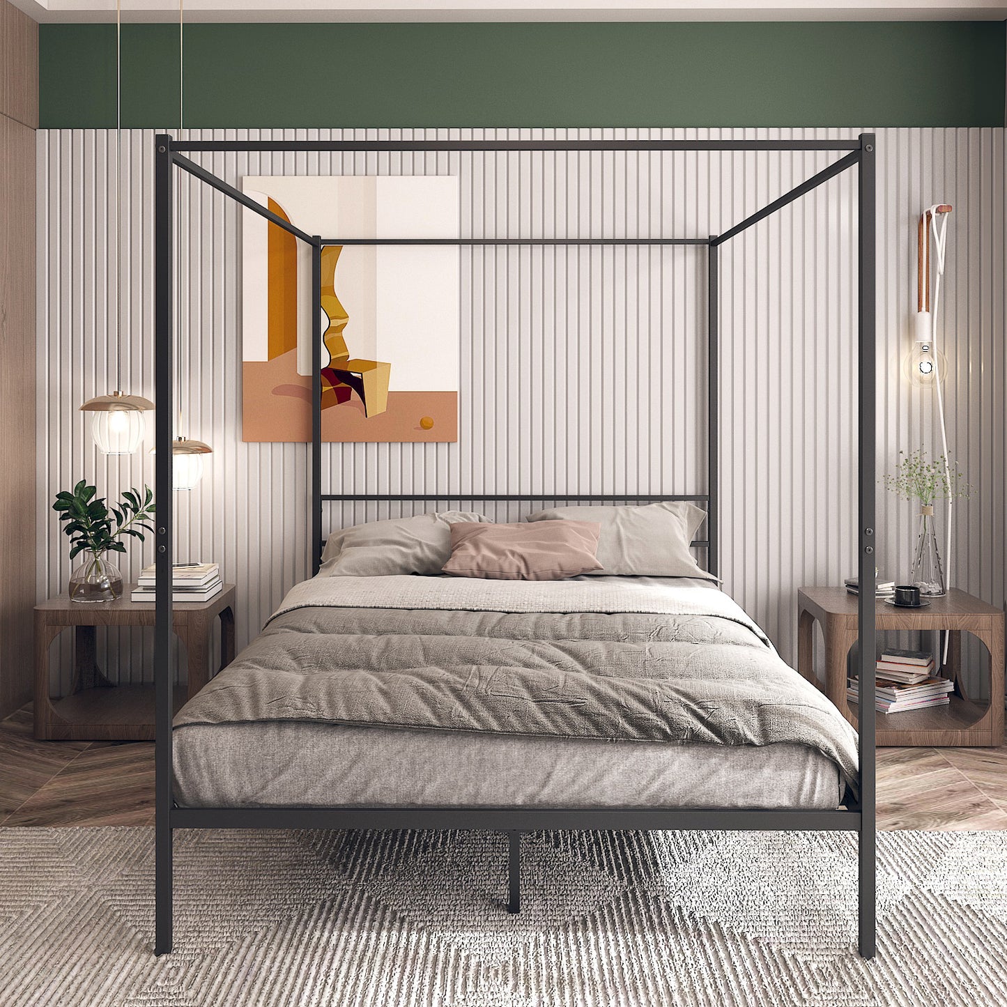 Canopy Bed Frame Queen Size Black Metal 4 Poster Modern Post Corner With Headboard, Black